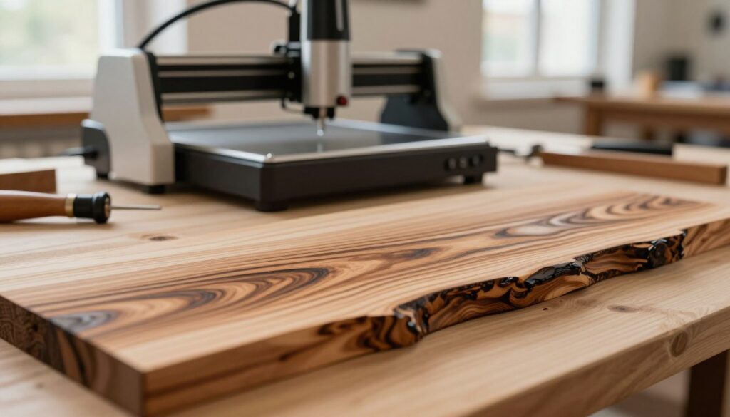 A beautifully crafted wooden surface with minimal charring, showcasing the effects of effective preparation techniques. In the foreground, focus on a close-up of a recently laser-engraved wooden piece, with vibrant wood grain details highlighting the contrast of smooth and charred areas. In the middle ground, an elegant workspace is visible, featuring laser engraving equipment and tools, all professionally arranged. The background should show soft, diffused natural light filtering through a window, creating a warm, inviting atmosphere that emphasizes craftsmanship. The scene conveys a sense of calm and focus, reflecting a professional environment. The composition is well-balanced, with a shallow depth of field to draw attention to the engraved wood while keeping the workspace slightly blurred. A beautifully crafted wooden surface with minimal charring, showcasing the effects of effective preparation techniques. In the foreground, focus on a close-up of a recently laser-engraved wooden piece, with vibrant wood grain details highlighting the contrast of smooth and charred areas. In the middle ground, an elegant workspace is visible, featuring laser engraving equipment and tools, all professionally arranged. The background should show soft, diffused natural light filtering through a window, creating a warm, inviting atmosphere that emphasizes craftsmanship. The scene conveys a sense of calm and focus, reflecting a professional environment. The composition is well-balanced, with a shallow depth of field to draw attention to the engraved wood while keeping the workspace slightly blurred.