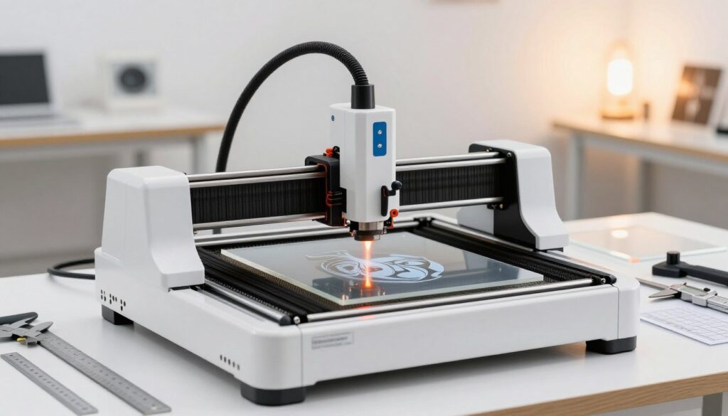 A bright, well-lit workshop with a high-precision laser engraving machine in focus at the forefront, showcasing the intricate details of optimal laser settings for acrylic material. The laser beam is sharply defined, highlighting a piece of clear acrylic being engraved, displaying clear and crisp designs. Surrounding the machine, tools like rulers, calipers, and settings guides are neatly organized, symbolizing precision. In the background, soft lighting casts a warm glow, enhancing the clarity of the engraving while some blurred acrylic samples illustrate common engraving issues. The atmosphere conveys a sense of professionalism, calmness, and dedication to craftsmanship, emphasizing the importance of laser settings for achieving clear results. A bright, well-lit workshop with a high-precision laser engraving machine in focus at the forefront, showcasing the intricate details of optimal laser settings for acrylic material. The laser beam is sharply defined, highlighting a piece of clear acrylic being engraved, displaying clear and crisp designs. Surrounding the machine, tools like rulers, calipers, and settings guides are neatly organized, symbolizing precision. In the background, soft lighting casts a warm glow, enhancing the clarity of the engraving while some blurred acrylic samples illustrate common engraving issues. The atmosphere conveys a sense of professionalism, calmness, and dedication to craftsmanship, emphasizing the importance of laser settings for achieving clear results.
