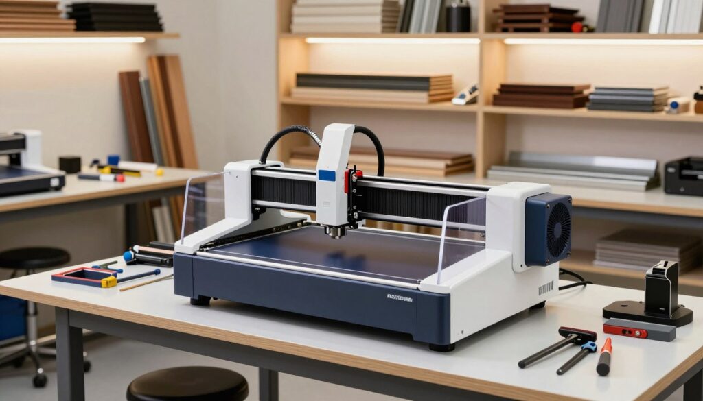 A clean, modern laser engraver enclosure set in a well-organized workshop workspace. In the foreground, a sleek laser engraver with a transparent acrylic enclosure, showcasing its intricate machinery, is placed on a sturdy workbench. The middle ground features various tools neatly arranged around the engraver, along with a compact exhaust fan mounted to the side, emphasizing ventilation. The background reveals well-lit shelves stocked with materials like wood, acrylic, and metal sheets, conveying a creative atmosphere. Use soft, even overhead lighting to highlight the workstation while maintaining clear visibility of the technical details. Capture the scene from a slightly elevated angle to provide depth, creating an inspiring and professional ambiance for anyone interested in laser engraving. A clean, modern laser engraver enclosure set in a well-organized workshop workspace. In the foreground, a sleek laser engraver with a transparent acrylic enclosure, showcasing its intricate machinery, is placed on a sturdy workbench. The middle ground features various tools neatly arranged around the engraver, along with a compact exhaust fan mounted to the side, emphasizing ventilation. The background reveals well-lit shelves stocked with materials like wood, acrylic, and metal sheets, conveying a creative atmosphere. Use soft, even overhead lighting to highlight the workstation while maintaining clear visibility of the technical details. Capture the scene from a slightly elevated angle to provide depth, creating an inspiring and professional ambiance for anyone interested in laser engraving.