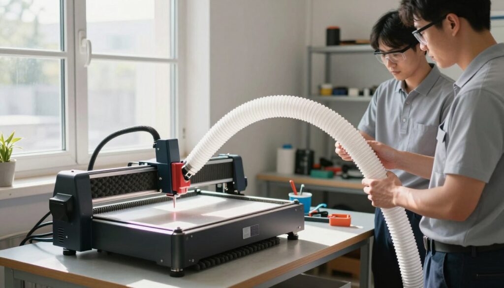 A clear and informative scene showcasing the safe venting of a laser engraver out of a window. In the foreground, a laser engraver sits on a sturdy work table, with a thick foam pad underneath to muffle vibrations. In the middle, bright sunlight streams through a window, illuminating a flexible vent hose securely attached to the engraver's exhaust port, extending outwards. Professional technicians, dressed in collared shirts and safety goggles, meticulously align the hose while checking for proper airflow. The background shows a well-organized workshop with tools and materials neatly arranged. The atmosphere conveys focus and safety, with a bright, natural lighting setup emphasizing clarity and cleanliness, ensuring a professional look without distractions or clutter. A clear and informative scene showcasing the safe venting of a laser engraver out of a window. In the foreground, a laser engraver sits on a sturdy work table, with a thick foam pad underneath to muffle vibrations. In the middle, bright sunlight streams through a window, illuminating a flexible vent hose securely attached to the engraver's exhaust port, extending outwards. Professional technicians, dressed in collared shirts and safety goggles, meticulously align the hose while checking for proper airflow. The background shows a well-organized workshop with tools and materials neatly arranged. The atmosphere conveys focus and safety, with a bright, natural lighting setup emphasizing clarity and cleanliness, ensuring a professional look without distractions or clutter.
