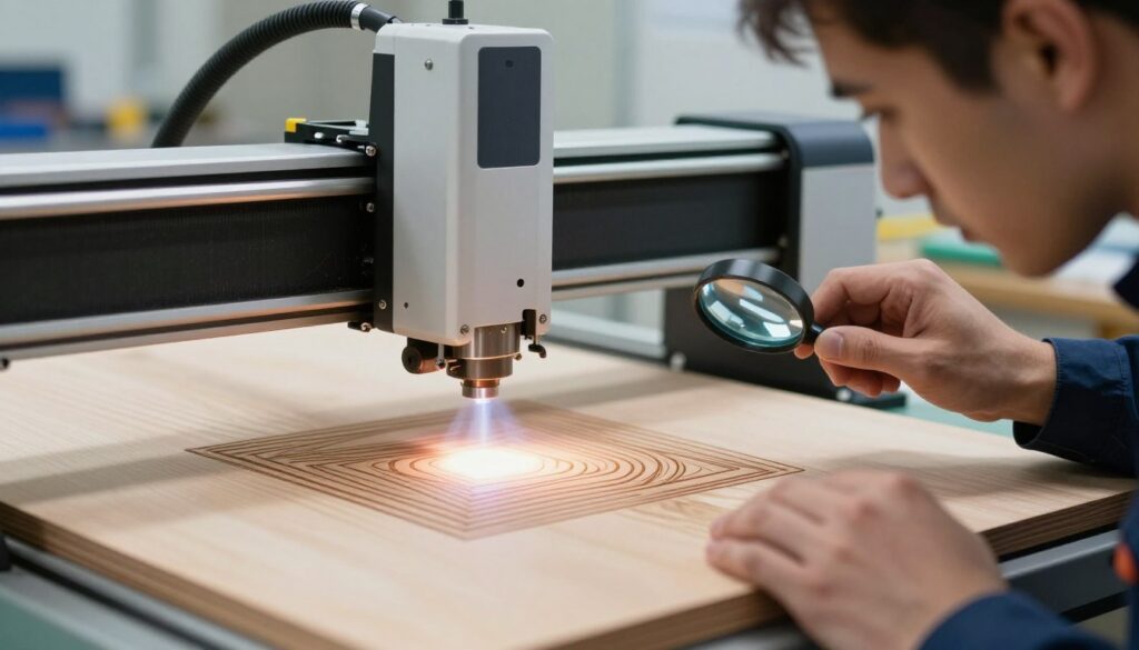 A close-up of a laser engraving machine in action, focusing on a wooden surface showing distinct ghosting lines in the engraving fills. In the foreground, a technician, dressed in professional work attire, is examining the engraved piece with a magnifying glass, displaying a concentrated expression. The middle section features the laser head casting a precise beam onto the wood, with a glow highlighting the area of ghosting. The background presents a well-lit workshop environment, showcasing tools and safety equipment, creating a technical and focused atmosphere. Soft, diffused lighting enhances the details of the engraving while maintaining a clean and professional look. The image should convey a sense of problem-solving and expertise. A close-up of a laser engraving machine in action, focusing on a wooden surface showing distinct ghosting lines in the engraving fills. In the foreground, a technician, dressed in professional work attire, is examining the engraved piece with a magnifying glass, displaying a concentrated expression. The middle section features the laser head casting a precise beam onto the wood, with a glow highlighting the area of ghosting. The background presents a well-lit workshop environment, showcasing tools and safety equipment, creating a technical and focused atmosphere. Soft, diffused lighting enhances the details of the engraving while maintaining a clean and professional look. The image should convey a sense of problem-solving and expertise.