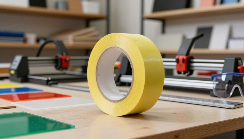 A close-up perspective of a vibrant workshop setting, focusing on a roll of high-quality laser masking tape prominently placed on a workbench. The tape should showcase its textured surface and bright color, with precision cut edges reflecting light. Surrounding the tape, neatly organized tools like a laser cutter, ruler, and safety goggles emphasize a professional atmosphere. In the background, there are shelves filled with various materials, such as plywood and acrylic sheets, indicating a creative workspace. Soft, warm lighting highlights the workspace, while a slight depth of field blurs the shelves behind, drawing attention to the tape. The overall mood conveys a sense of craftsmanship and innovation, suitable for showcasing best practices in selecting materials for laser projects. A close-up perspective of a vibrant workshop setting, focusing on a roll of high-quality laser masking tape prominently placed on a workbench. The tape should showcase its textured surface and bright color, with precision cut edges reflecting light. Surrounding the tape, neatly organized tools like a laser cutter, ruler, and safety goggles emphasize a professional atmosphere. In the background, there are shelves filled with various materials, such as plywood and acrylic sheets, indicating a creative workspace. Soft, warm lighting highlights the workspace, while a slight depth of field blurs the shelves behind, drawing attention to the tape. The overall mood conveys a sense of craftsmanship and innovation, suitable for showcasing best practices in selecting materials for laser projects.