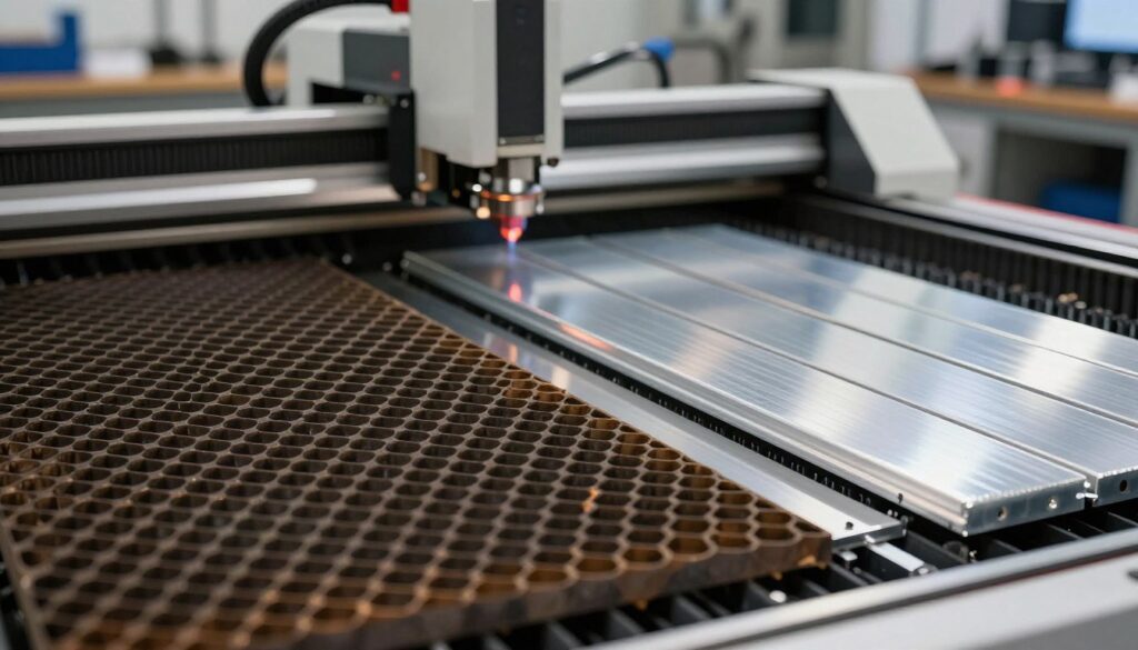 A close-up view of a CO2 laser cutting bed showcasing two distinct materials: a honeycomb bed and aluminum slats. The foreground features the honeycomb bed with its hexagonal pattern, reflecting light and casting subtle shadows, emphasizing its lightweight design. Beside it, glistening aluminum slats exhibit a smooth surface, with laser-cut markings visible, signifying their precision. In the middle ground, a well-maintained workspace is depicted with high-tech laser cutting equipment, illuminated by soft, focused lighting that highlights the textures and details of the materials. The background is slightly blurred, suggesting a busy workshop filled with tools and machinery, conveying a sense of professionalism and craftsmanship. The overall atmosphere is one of innovation and meticulous maintenance, ideal for a technical article. A close-up view of a CO2 laser cutting bed showcasing two distinct materials: a honeycomb bed and aluminum slats. The foreground features the honeycomb bed with its hexagonal pattern, reflecting light and casting subtle shadows, emphasizing its lightweight design. Beside it, glistening aluminum slats exhibit a smooth surface, with laser-cut markings visible, signifying their precision. In the middle ground, a well-maintained workspace is depicted with high-tech laser cutting equipment, illuminated by soft, focused lighting that highlights the textures and details of the materials. The background is slightly blurred, suggesting a busy workshop filled with tools and machinery, conveying a sense of professionalism and craftsmanship. The overall atmosphere is one of innovation and meticulous maintenance, ideal for a technical article.