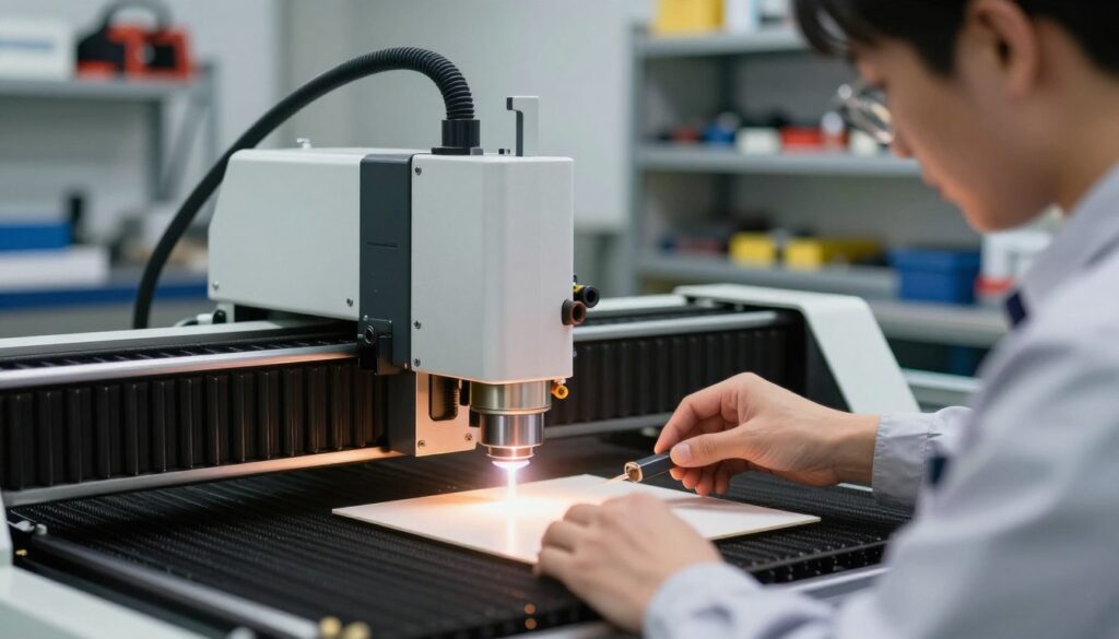 A close-up view of a CO2 laser cutting machine in a well-lit workshop, highlighting the focal distance adjustment mechanism. In the foreground, a skilled technician in professional attire adjusts the lens, showing concentration and expertise. The middle section features the laser head with visible mechanisms and optics, with laser light focused on a piece of material, illustrating the process of troubleshooting issues. In the background, shelves filled with tools and safety equipment suggest a functional workspace. Soft, ambient lighting enhances the technical atmosphere, while a slight lens flare adds dynamism, capturing the precision and detail involved in laser operation. The overall mood is one of professionalism and problem-solving in a high-tech environment. A close-up view of a CO2 laser cutting machine in a well-lit workshop, highlighting the focal distance adjustment mechanism. In the foreground, a skilled technician in professional attire adjusts the lens, showing concentration and expertise. The middle section features the laser head with visible mechanisms and optics, with laser light focused on a piece of material, illustrating the process of troubleshooting issues. In the background, shelves filled with tools and safety equipment suggest a functional workspace. Soft, ambient lighting enhances the technical atmosphere, while a slight lens flare adds dynamism, capturing the precision and detail involved in laser operation. The overall mood is one of professionalism and problem-solving in a high-tech environment.