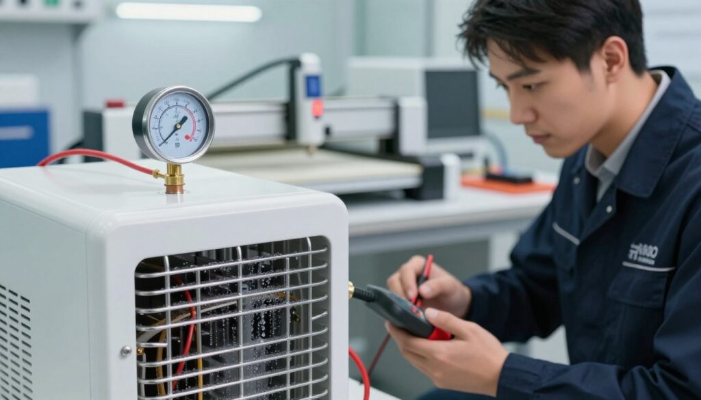 A close-up view of a CO2 laser water chiller in a modern workshop setting, with a prominently displayed digital temperature gauge showing a warning alarm. The foreground features the chiller unit with intricate cooling tubes, some with condensation. In the middle, a technician in a professional business attire inspects the unit, focused and attentive, holding a multimeter. The background reveals a well-organized workspace with tools and a laser cutter, softly lit by overhead lights that create a focused yet slightly tense atmosphere. The overall image conveys a sense of urgency and troubleshooting, illustrating technical concerns related to temperature sensors and cooling capacity while maintaining a clean and professional appearance. A close-up view of a CO2 laser water chiller in a modern workshop setting, with a prominently displayed digital temperature gauge showing a warning alarm. The foreground features the chiller unit with intricate cooling tubes, some with condensation. In the middle, a technician in a professional business attire inspects the unit, focused and attentive, holding a multimeter. The background reveals a well-organized workspace with tools and a laser cutter, softly lit by overhead lights that create a focused yet slightly tense atmosphere. The overall image conveys a sense of urgency and troubleshooting, illustrating technical concerns related to temperature sensors and cooling capacity while maintaining a clean and professional appearance.