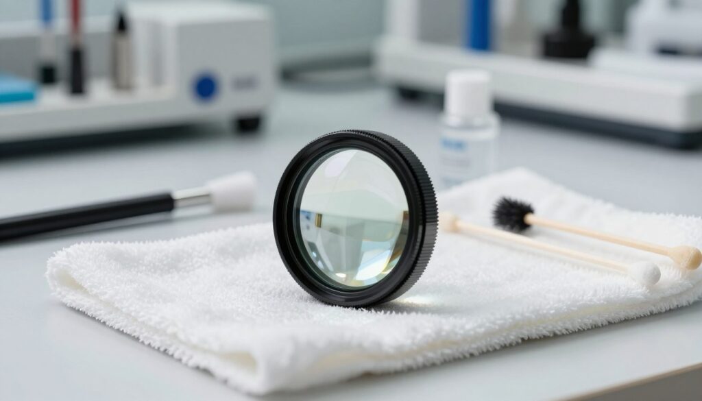 A close-up view of a clean diode laser lens resting on a soft microfiber cloth in a pristine workshop environment. In the foreground, the lens reflects soft, diffused light, showcasing its smooth, polished surface without any scratches. Surrounding it on the cloth are essential cleaning tools, including a lens brush, lens cleaning solution, and cotton swabs, all neatly arranged. The background features blurred shelves stocked with precision tools and equipment, emphasizing a professional setting. The lighting is bright yet soft, creating an inviting and focused atmosphere, highlighting the importance of careful preparation for lens cleaning. The overall mood conveys diligence, safety, and professionalism, perfect for illustrating the topic of safe laser lens cleaning. A close-up view of a clean diode laser lens resting on a soft microfiber cloth in a pristine workshop environment. In the foreground, the lens reflects soft, diffused light, showcasing its smooth, polished surface without any scratches. Surrounding it on the cloth are essential cleaning tools, including a lens brush, lens cleaning solution, and cotton swabs, all neatly arranged. The background features blurred shelves stocked with precision tools and equipment, emphasizing a professional setting. The lighting is bright yet soft, creating an inviting and focused atmosphere, highlighting the importance of careful preparation for lens cleaning. The overall mood conveys diligence, safety, and professionalism, perfect for illustrating the topic of safe laser lens cleaning.