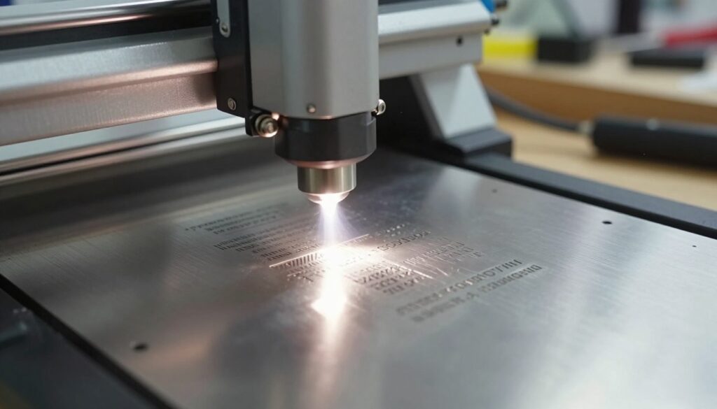 A close-up view of a diode laser engraving machine in action, marking intricate designs onto a smooth stainless steel surface. The foreground features the laser beam emitting from the machine, producing a bright, focused dot of intense light on the metal, creating a sharp contrast with the shiny steel. In the middle ground, include detailed engravings showcasing common troubleshooting issues, such as inconsistent depth and uneven patterns. The background should exhibit a workshop environment, with soft ambient lighting highlighting the workstation and tools, creating a focused yet slightly industrial atmosphere. Use a slightly tilted perspective to emphasize the laser's precision. A close-up view of a diode laser engraving machine in action, marking intricate designs onto a smooth stainless steel surface. The foreground features the laser beam emitting from the machine, producing a bright, focused dot of intense light on the metal, creating a sharp contrast with the shiny steel. In the middle ground, include detailed engravings showcasing common troubleshooting issues, such as inconsistent depth and uneven patterns. The background should exhibit a workshop environment, with soft ambient lighting highlighting the workstation and tools, creating a focused yet slightly industrial atmosphere. Use a slightly tilted perspective to emphasize the laser's precision.