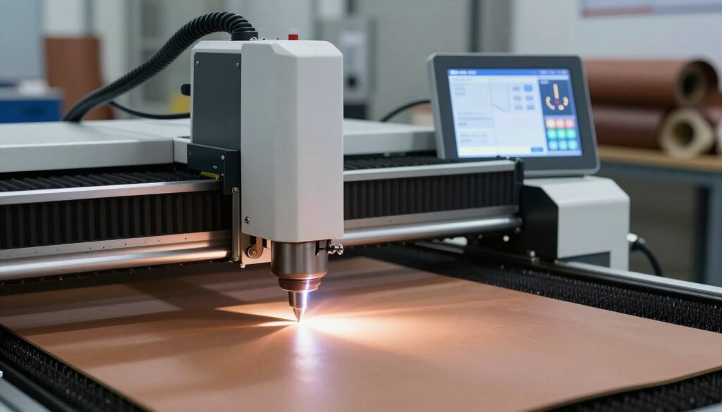 A close-up view of a high-tech laser cutting machine set up to process leather. In the foreground, the laser beam is focused on a leather piece, showcasing the delicate cutting process with precision. The middle ground features a detailed display panel indicating optimal settings for power and speed, illuminated with soft blue and white LED lights. In the background, a workshop environment filled with leather rolls and safety equipment contributes to a professional atmosphere. The lighting is bright and focused on the laser area, casting subtle shadows to enhance depth. The overall mood is industrious yet safe, emphasizing the importance of proper laser settings for leather processing. No people are present in the image to maintain focus on the technology and safety features. A close-up view of a high-tech laser cutting machine set up to process leather. In the foreground, the laser beam is focused on a leather piece, showcasing the delicate cutting process with precision. The middle ground features a detailed display panel indicating optimal settings for power and speed, illuminated with soft blue and white LED lights. In the background, a workshop environment filled with leather rolls and safety equipment contributes to a professional atmosphere. The lighting is bright and focused on the laser area, casting subtle shadows to enhance depth. The overall mood is industrious yet safe, emphasizing the importance of proper laser settings for leather processing. No people are present in the image to maintain focus on the technology and safety features.
