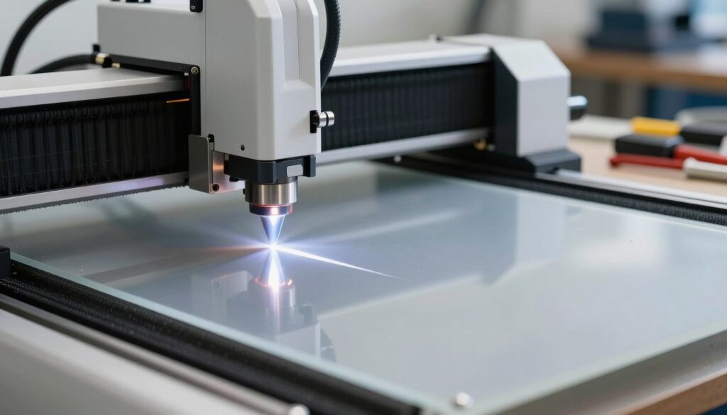 A close-up view of a laser cutter positioned on a sturdy workbench, showing the laser beam in focus but failing to cut through a piece of thick acrylic material. The foreground highlights the cutting head with sparkling reflections of the focused laser beam, while the middle displays the partially cut acrylic, revealing a clean but shallow cut. In the background, a well-organized workshop environment features tools and safety equipment. Soft, diffused lighting creates a technical and professional atmosphere, emphasizing precision. The image angle should be slightly tilted to underscore the focus and depth of the cutting process, capturing the essence of verifying focus and material settings for optimal results.