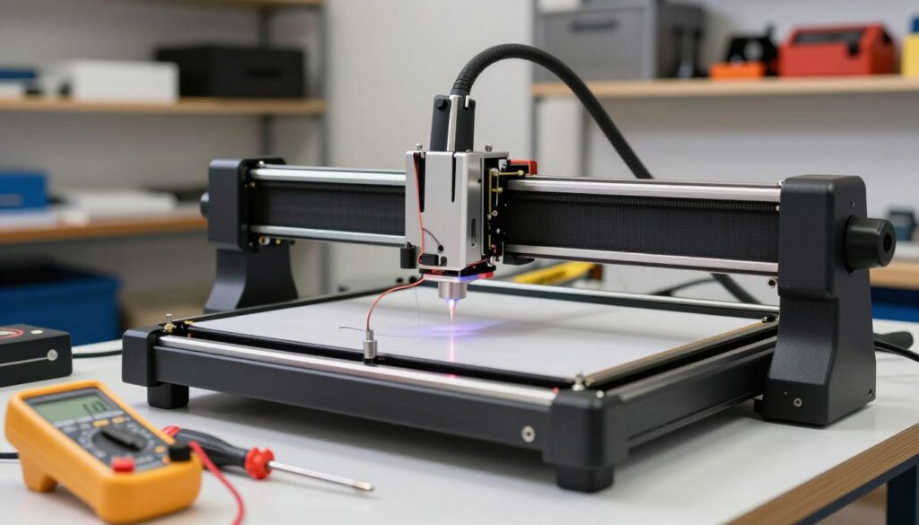 A close-up view of a laser engraver in a well-lit workshop, focusing on the X-axis stepper motor mechanism. In the foreground, tools like a multimeter and screwdriver are placed neatly on a workbench, suggesting a troubleshooting session. The middle ground features the laser engraver, with visible wiring and components to highlight potential issues. The background shows shelves with various engraving materials and safety equipment, creating a professional atmosphere. The lighting is bright and even, casting soft shadows to accentuate the details of the engraver. The overall mood is focused and technical, evoking a sense of problem-solving and expertise. A close-up view of a laser engraver in a well-lit workshop, focusing on the X-axis stepper motor mechanism. In the foreground, tools like a multimeter and screwdriver are placed neatly on a workbench, suggesting a troubleshooting session. The middle ground features the laser engraver, with visible wiring and components to highlight potential issues. The background shows shelves with various engraving materials and safety equipment, creating a professional atmosphere. The lighting is bright and even, casting soft shadows to accentuate the details of the engraver. The overall mood is focused and technical, evoking a sense of problem-solving and expertise.
