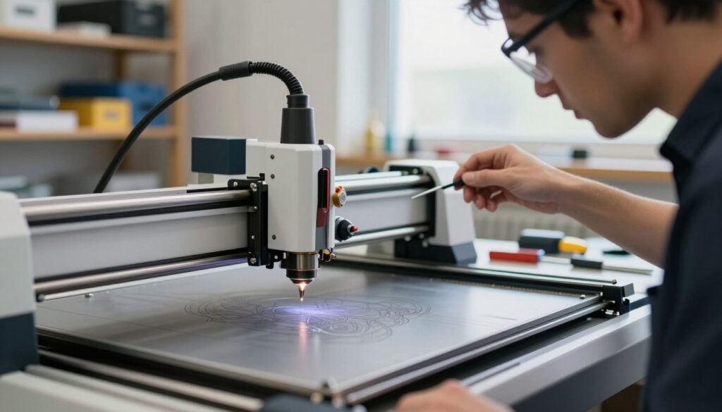 A close-up view of a laser engraving machine in a well-lit workshop, focusing on a technician adjusting the mechanical components to fix ghosting issues. In the foreground, detailed images of the laser head and the engraving bed are visible, showcasing intricate engravings and faint ghosting lines. The technician, clad in a professional shirt and safety goggles, is attentively inspecting the machine with a focus on precision. In the middle ground, various tools and measuring instruments are neatly arranged, emphasizing the technical adjustments being made. The background features shelves filled with materials for engraving. Soft, natural lighting filters through a window, creating an atmosphere of concentration and problem-solving, with a subtle hint of creativity in the air. A close-up view of a laser engraving machine in a well-lit workshop, focusing on a technician adjusting the mechanical components to fix ghosting issues. In the foreground, detailed images of the laser head and the engraving bed are visible, showcasing intricate engravings and faint ghosting lines. The technician, clad in a professional shirt and safety goggles, is attentively inspecting the machine with a focus on precision. In the middle ground, various tools and measuring instruments are neatly arranged, emphasizing the technical adjustments being made. The background features shelves filled with materials for engraving. Soft, natural lighting filters through a window, creating an atmosphere of concentration and problem-solving, with a subtle hint of creativity in the air.