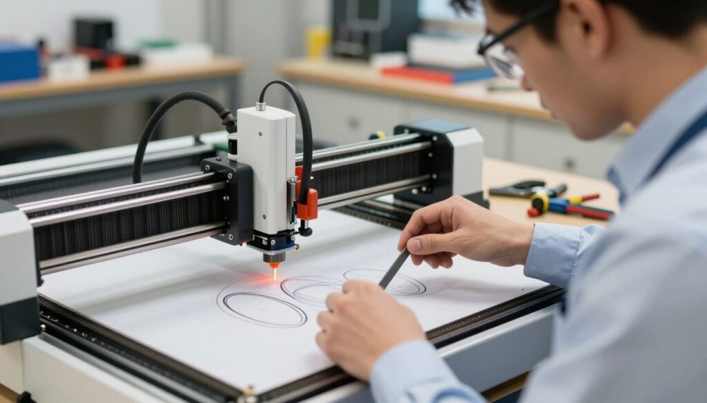 A close-up view of a laser engraving machine in a well-lit workshop. The foreground features an expert technician, dressed in a smart business shirt and safety goggles, intently inspecting the machine's mechanical components, particularly the belt tension, which is visibly adjusted with specialized tools. The technician’s hands are poised near the belt, showcasing a scene of careful inspection and adjustment. In the middle ground, the laser engraving bed is visible, with a partially engraved piece showing oval shapes, indicating the problem at hand. The background displays neatly organized tools and a workbench with various engraving materials. Soft, diffuse lighting enhances the precision and technical atmosphere, while a slight focus blur on the background emphasizes the technician’s careful examination. The overall mood is serious yet focused, conveying the importance of mechanical inspection in troubleshooting laser engraving accuracy. A close-up view of a laser engraving machine in a well-lit workshop. The foreground features an expert technician, dressed in a smart business shirt and safety goggles, intently inspecting the machine's mechanical components, particularly the belt tension, which is visibly adjusted with specialized tools. The technician’s hands are poised near the belt, showcasing a scene of careful inspection and adjustment. In the middle ground, the laser engraving bed is visible, with a partially engraved piece showing oval shapes, indicating the problem at hand. The background displays neatly organized tools and a workbench with various engraving materials. Soft, diffuse lighting enhances the precision and technical atmosphere, while a slight focus blur on the background emphasizes the technician’s careful examination. The overall mood is serious yet focused, conveying the importance of mechanical inspection in troubleshooting laser engraving accuracy.