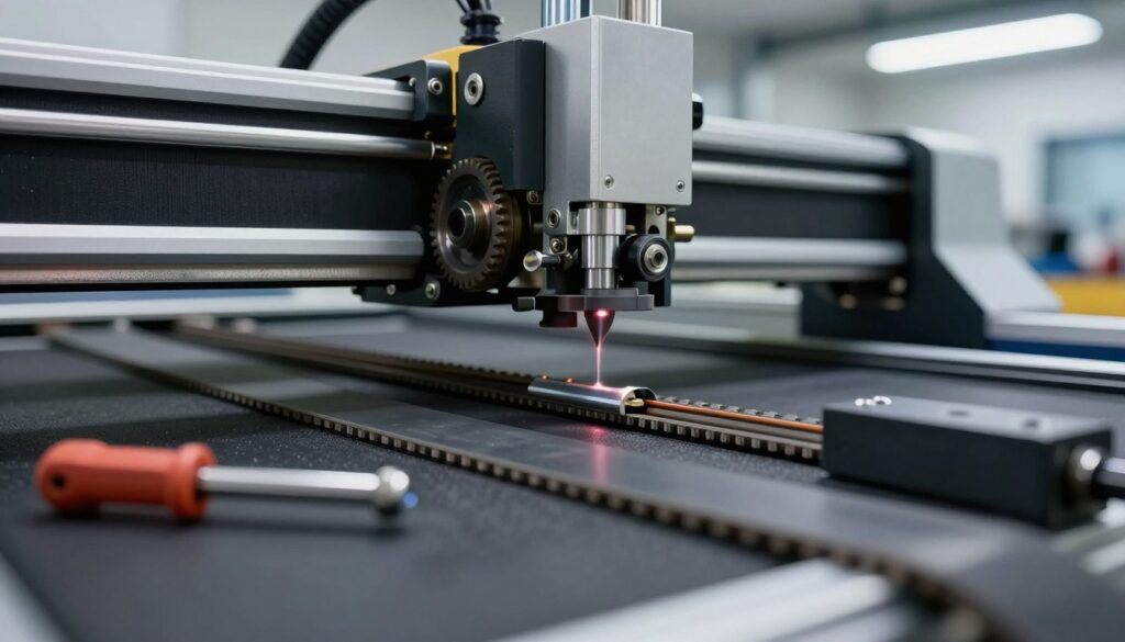 A close-up view of a laser engraving machine's drive belt system, showcasing the laser belt tension mechanism in detail. In the foreground, focus on the precision-engineered drive belts, clearly displaying the tightening mechanism and tension adjustment tools. The middle ground features the intricate gears and pulleys that drive the engraving process, with shiny metal components reflecting soft, focused lighting. In the background, an industrial workshop setting is visible, illuminated by bright overhead lights, emphasizing a clean and organized environment. The overall atmosphere conveys a sense of professionalism and technical expertise, essential for maintaining high-quality laser alignment. Capture this scene with a macro lens angle to highlight the intricacies of the mechanics.