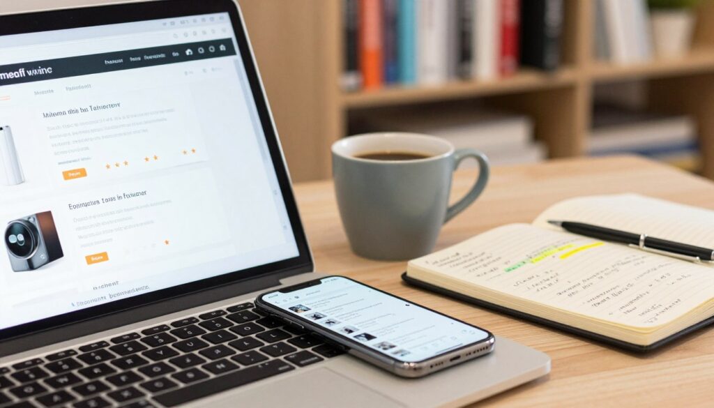 A close-up view of a modern workspace showcasing a laptop open to a website displaying various product reviews and ratings. In the foreground, a smartphone rests beside the laptop, showing a detailed review on its screen. The middle layer features a stylish cup of coffee and an open notebook with handwritten notes and highlighted texts, indicating thorough evaluation. The background features a soft-focus bookshelf filled with product guides and comparison documents, creating a research atmosphere. Soft, warm lighting illuminates the scene, enhancing the inviting and professional mood. The angle is slightly tilted to provide depth, emphasizing the process of evaluating products easily and effectively. A close-up view of a modern workspace showcasing a laptop open to a website displaying various product reviews and ratings. In the foreground, a smartphone rests beside the laptop, showing a detailed review on its screen. The middle layer features a stylish cup of coffee and an open notebook with handwritten notes and highlighted texts, indicating thorough evaluation. The background features a soft-focus bookshelf filled with product guides and comparison documents, creating a research atmosphere. Soft, warm lighting illuminates the scene, enhancing the inviting and professional mood. The angle is slightly tilted to provide depth, emphasizing the process of evaluating products easily and effectively.