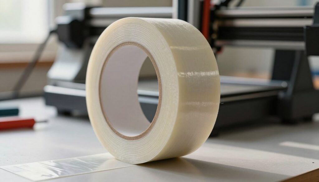A close-up view of a roll of masking tape designed for laser engraving, showcasing its textured surface and adhesive strength. The foreground features a partially unrolled length of tape, displaying clean edges and a glossy finish to emphasize its quality. In the middle, a laser engraving machine is subtly blurred, hinting at the application while keeping the focus on the tape. The background shows a softly lit workspace with tools used in crafting and engraving, enhancing the professional atmosphere. Natural light filters in from an unseen window, casting gentle shadows that accentuate the tape's contours. The overall mood is focused and professional, evoking a sense of precision and craftsmanship in the art of laser engraving. A close-up view of a roll of masking tape designed for laser engraving, showcasing its textured surface and adhesive strength. The foreground features a partially unrolled length of tape, displaying clean edges and a glossy finish to emphasize its quality. In the middle, a laser engraving machine is subtly blurred, hinting at the application while keeping the focus on the tape. The background shows a softly lit workspace with tools used in crafting and engraving, enhancing the professional atmosphere. Natural light filters in from an unseen window, casting gentle shadows that accentuate the tape's contours. The overall mood is focused and professional, evoking a sense of precision and craftsmanship in the art of laser engraving.