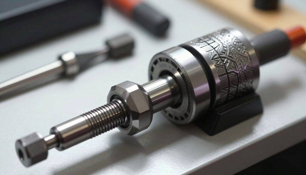 A close-up view of a roller axis engraving tool specifically designed for tumblers, placed on a sleek, professional workbench. The foreground features the roller axis prominently, showcasing its precision components, including adjustable rollers and engraved settings for calibration. The middle ground displays a partially engraved tumbler resting securely within the roller axis, highlighting the intricate design on the surface. In the background, softly blurred tools and equipment typical of a laser engraving workspace enhance the scene’s authenticity. The lighting is bright and focused, casting subtle shadows to accentuate the metal parts, while keeping the mood professional and industrious. The angle is slightly above, allowing for a comprehensive view of the configuration, inviting a sense of expertise and craftsmanship. A close-up view of a roller axis engraving tool specifically designed for tumblers, placed on a sleek, professional workbench. The foreground features the roller axis prominently, showcasing its precision components, including adjustable rollers and engraved settings for calibration. The middle ground displays a partially engraved tumbler resting securely within the roller axis, highlighting the intricate design on the surface. In the background, softly blurred tools and equipment typical of a laser engraving workspace enhance the scene’s authenticity. The lighting is bright and focused, casting subtle shadows to accentuate the metal parts, while keeping the mood professional and industrious. The angle is slightly above, allowing for a comprehensive view of the configuration, inviting a sense of expertise and craftsmanship.