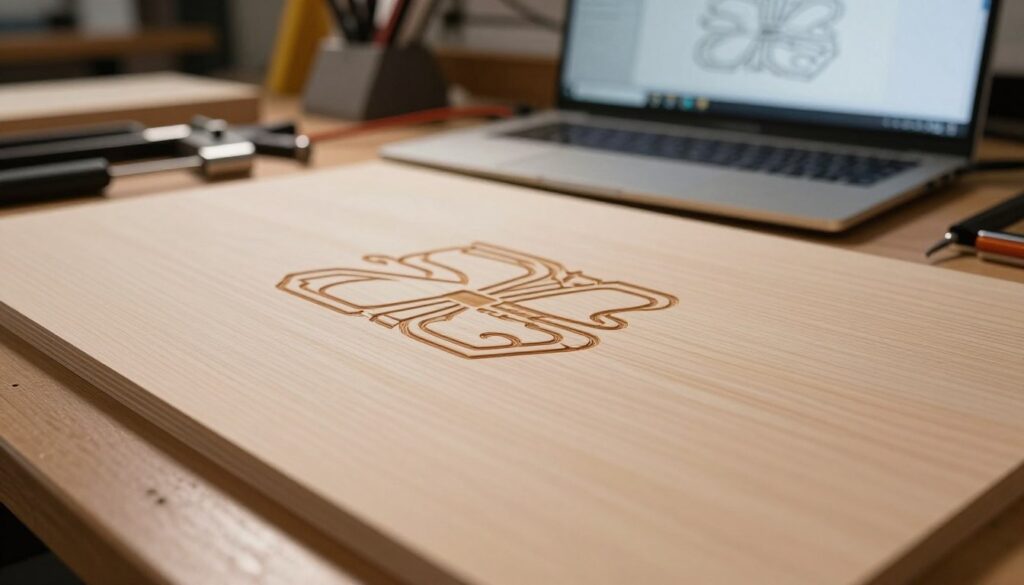 A close-up view of a sheet of Baltic birch plywood, showcasing its fine grain and smooth surface, ideal for laser engraving. The plywood is positioned prominently in the foreground, with intricate engraved patterns on its surface reflecting advanced techniques in laser engraving. The middle ground features a subtle workbench cluttered with laser cutting tools and a laptop displaying software for designing engraving patterns. The background is softly blurred, hinting at a well-lit workshop with warm, ambient lighting that creates a focused and inviting atmosphere. The angle is slightly overhead, emphasizing the craftsmanship involved in the engraving process, while the overall mood is creative and industrious, perfect for showcasing the art of laser engraving on plywood. A close-up view of a sheet of Baltic birch plywood, showcasing its fine grain and smooth surface, ideal for laser engraving. The plywood is positioned prominently in the foreground, with intricate engraved patterns on its surface reflecting advanced techniques in laser engraving. The middle ground features a subtle workbench cluttered with laser cutting tools and a laptop displaying software for designing engraving patterns. The background is softly blurred, hinting at a well-lit workshop with warm, ambient lighting that creates a focused and inviting atmosphere. The angle is slightly overhead, emphasizing the craftsmanship involved in the engraving process, while the overall mood is creative and industrious, perfect for showcasing the art of laser engraving on plywood.