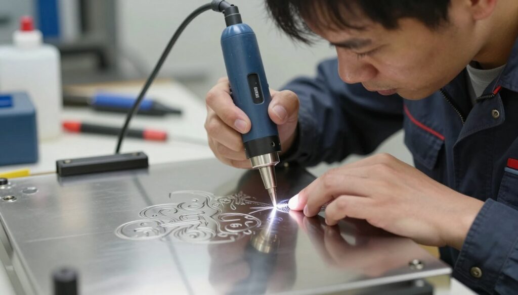 A close-up view of a skilled technician engraving intricate designs onto a smooth stainless steel surface using a diode laser, set against a well-lit workshop background. The technician, wearing professional work attire, focuses intently on the task, showcasing precise hand movements and laser adjustments. The stainless steel glistens under a focused beam of light from the laser tool, creating a contrast between the bright engraving and the polished surface. Tools and equipment are organized neatly in the background, with soft shadows highlighting the workspace ambiance. The overall mood is one of concentration and craftsmanship, emphasizing the meticulous nature of the engraving process without any visual distractions or sprays. The image captures the technique's detail and clarity, illustrating the procedure effectively. A close-up view of a skilled technician engraving intricate designs onto a smooth stainless steel surface using a diode laser, set against a well-lit workshop background. The technician, wearing professional work attire, focuses intently on the task, showcasing precise hand movements and laser adjustments. The stainless steel glistens under a focused beam of light from the laser tool, creating a contrast between the bright engraving and the polished surface. Tools and equipment are organized neatly in the background, with soft shadows highlighting the workspace ambiance. The overall mood is one of concentration and craftsmanship, emphasizing the meticulous nature of the engraving process without any visual distractions or sprays. The image captures the technique's detail and clarity, illustrating the procedure effectively.