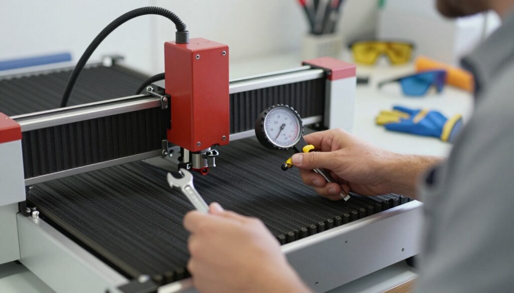 A close-up view of a technician carefully adjusting the belt tension of a diode laser cutter in a well-lit workshop. The foreground features the technician, dressed in modest casual clothing, holding a tension gauge in one hand and a wrench in the other. In the middle ground, the diode laser cutter is visible with its intricate mechanisms, showcasing the belt system clearly. The background depicts organized tools and safety equipment, such as goggles and gloves, emphasizing a professional maintenance environment. Soft, natural lighting illuminates the area, creating a focused and calm atmosphere. The angle captures both the technician's concentration on the task and the precision of the equipment being serviced, enhancing the importance of safety precautions during maintenance. A close-up view of a technician carefully adjusting the belt tension of a diode laser cutter in a well-lit workshop. The foreground features the technician, dressed in modest casual clothing, holding a tension gauge in one hand and a wrench in the other. In the middle ground, the diode laser cutter is visible with its intricate mechanisms, showcasing the belt system clearly. The background depicts organized tools and safety equipment, such as goggles and gloves, emphasizing a professional maintenance environment. Soft, natural lighting illuminates the area, creating a focused and calm atmosphere. The angle captures both the technician's concentration on the task and the precision of the equipment being serviced, enhancing the importance of safety precautions during maintenance.