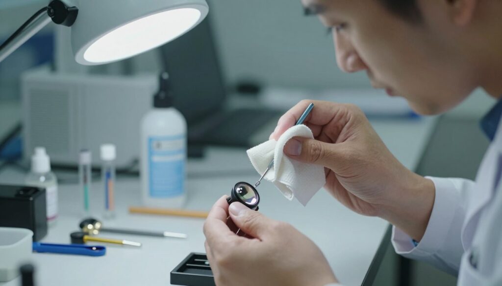 A close-up view of a technician in professional attire carefully cleaning a diode laser lens. The technician, focused and precise, uses a microfiber cloth and a specialized lens cleaning solution, highlighting meticulousness in avoiding scratches. In the foreground, the glossy lens reflects soft light, showcasing its delicate coating. The middle ground features an organized workbench with lens cleaning tools and a bright LED light illuminating the scene, creating an atmosphere of professionalism and attention to detail. The background contains a blurred laboratory setting with laser equipment, providing context without distraction. The overall mood is calm and focused, emphasizing the importance of careful maintenance in technical work. A close-up view of a technician in professional attire carefully cleaning a diode laser lens. The technician, focused and precise, uses a microfiber cloth and a specialized lens cleaning solution, highlighting meticulousness in avoiding scratches. In the foreground, the glossy lens reflects soft light, showcasing its delicate coating. The middle ground features an organized workbench with lens cleaning tools and a bright LED light illuminating the scene, creating an atmosphere of professionalism and attention to detail. The background contains a blurred laboratory setting with laser equipment, providing context without distraction. The overall mood is calm and focused, emphasizing the importance of careful maintenance in technical work.