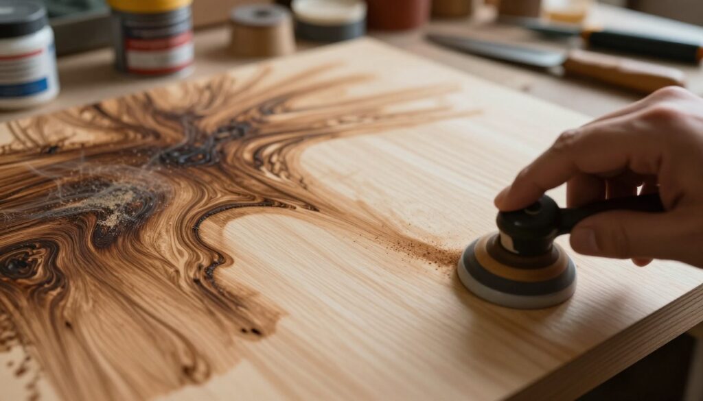A close-up view of a wooden laser-cut plywood panel displaying smoke stains, showcasing the texture and grain of the wood. In the foreground, a focused image of a hand holding a sanding tool, gently removing the smoke marks, with fine dust particles illuminated by warm, soft lighting. The middle ground features the plywood panel with distinct areas of contrast—dark, stained sections beside lighter, sanded parts that highlight the effectiveness of the technique. The background includes a workbench cluttered with sanding supplies and tools to emphasize a workshop atmosphere. The overall mood is focused and industrious, reflecting the process of restoration and DIY craftsmanship. A close-up view of a wooden laser-cut plywood panel displaying smoke stains, showcasing the texture and grain of the wood. In the foreground, a focused image of a hand holding a sanding tool, gently removing the smoke marks, with fine dust particles illuminated by warm, soft lighting. The middle ground features the plywood panel with distinct areas of contrast—dark, stained sections beside lighter, sanded parts that highlight the effectiveness of the technique. The background includes a workbench cluttered with sanding supplies and tools to emphasize a workshop atmosphere. The overall mood is focused and industrious, reflecting the process of restoration and DIY craftsmanship.
