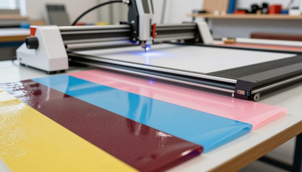 A close-up view of durable vinyl sheets designed for laser cutting, showcasing their texture and color variations. In the foreground, focus on a vibrant range of vinyl sheets in different hues, with intricate patterns visible on the surface. The middle ground features a laser cutting machine with a glowing laser beam cutting through a sheet, emphasizing precision and quality. In the background, softly blurred shelves filled with various tools and materials for crafting adorn the workspace. Bright, natural lighting illuminates the scene, enhancing the glossy finish of the vinyl. Capture a professional and innovative atmosphere, ideal for a workshop setting. A close-up view of durable vinyl sheets designed for laser cutting, showcasing their texture and color variations. In the foreground, focus on a vibrant range of vinyl sheets in different hues, with intricate patterns visible on the surface. The middle ground features a laser cutting machine with a glowing laser beam cutting through a sheet, emphasizing precision and quality. In the background, softly blurred shelves filled with various tools and materials for crafting adorn the workspace. Bright, natural lighting illuminates the scene, enhancing the glossy finish of the vinyl. Capture a professional and innovative atmosphere, ideal for a workshop setting.