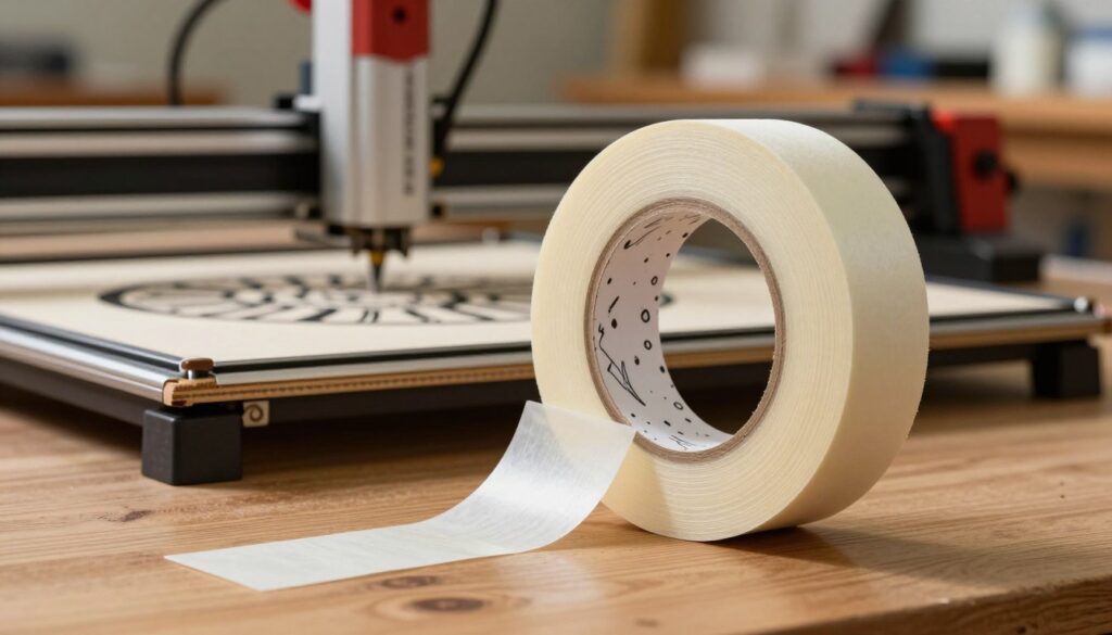 A close-up view of the best masking tape, displayed on a smooth wooden surface, emphasizing its crisp edges and uniform texture ideal for clean laser engraving lines. In the foreground, the tape roll sits prominently, showcasing its adhesive strength and perfect adhesion without residue. The middle layer features a laser engraving machine with intricate designs being etched into a piece of wood, illustrating the tape's effectiveness. The background is softly blurred, highlighting a well-lit workshop environment filled with tools and materials. Warm, natural lighting enhances the scene, giving it a professional and inviting atmosphere. The focus is sharp and clear, creating a mood of precision and craftsmanship, embodying the essence of quality in laser engraving. A close-up view of the best masking tape, displayed on a smooth wooden surface, emphasizing its crisp edges and uniform texture ideal for clean laser engraving lines. In the foreground, the tape roll sits prominently, showcasing its adhesive strength and perfect adhesion without residue. The middle layer features a laser engraving machine with intricate designs being etched into a piece of wood, illustrating the tape's effectiveness. The background is softly blurred, highlighting a well-lit workshop environment filled with tools and materials. Warm, natural lighting enhances the scene, giving it a professional and inviting atmosphere. The focus is sharp and clear, creating a mood of precision and craftsmanship, embodying the essence of quality in laser engraving.