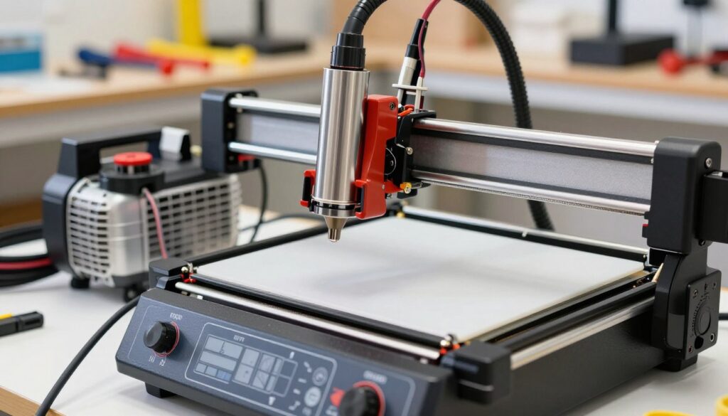 A detailed and educational illustration of connecting an air assist system to a diode laser engraver, featuring a close-up view of the engraver and air assist components. In the foreground, highlight the laser engraver with its controls, showcasing clear wiring connections between the air assist tubing and the engraver’s nozzle. The middle layer includes visible air assist components, like the air pump and hoses, neatly organized with labels indicating their function. In the background, a well-lit workshop environment with practical tools and a workbench, providing context to the setting. Use natural light to create a focused, informative atmosphere, capturing an engaging angle that invites viewers to learn about the connection process. No text or branding elements included.