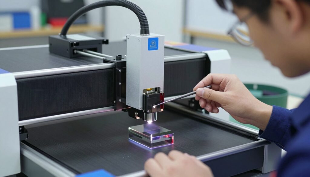 A detailed and precise depiction of the laser mirror alignment process in a K40 CO2 laser engraver. In the foreground, a technician in professional attire carefully adjusts the first mirror using a small, precise tool, with a focused expression reflecting concentration. The middle layer shows the laser engraver, highlighting the mirrors aligned at critical angles, with shiny surfaces reflecting light. The background features a well-lit workshop environment, with shelves holding laser equipment and tools, creating a technical yet organized atmosphere. Soft, diffused lighting enhances details, with a close-up perspective that emphasizes the intricacies of mirror adjustment. The overall mood is focused and professional, embodying precision and craftsmanship in laser technology. A detailed and precise depiction of the laser mirror alignment process in a K40 CO2 laser engraver. In the foreground, a technician in professional attire carefully adjusts the first mirror using a small, precise tool, with a focused expression reflecting concentration. The middle layer shows the laser engraver, highlighting the mirrors aligned at critical angles, with shiny surfaces reflecting light. The background features a well-lit workshop environment, with shelves holding laser equipment and tools, creating a technical yet organized atmosphere. Soft, diffused lighting enhances details, with a close-up perspective that emphasizes the intricacies of mirror adjustment. The overall mood is focused and professional, embodying precision and craftsmanship in laser technology.