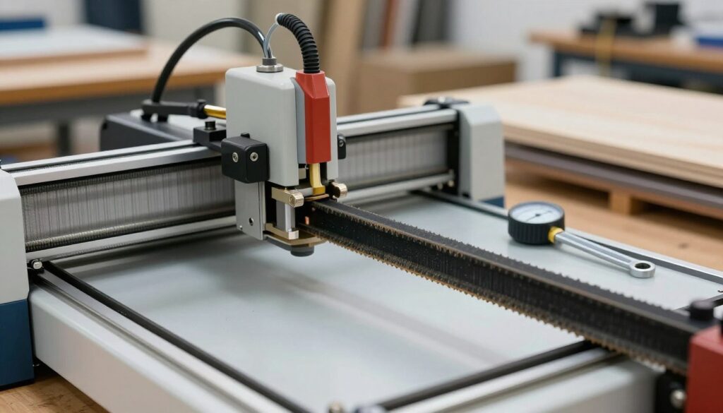 A detailed close-up image of a diode laser cutter in a workshop setting, showcasing its adjustable belts and mechanical components. In the foreground, focus on the laser cutter's belt system, highlighting signs of wear, fraying, and misalignment. The middle ground includes tools like a tension gauge and wrenches placed neatly beside the cutter, ready for adjustment. The background features an organized workspace with a softly blurred view of wood and acrylic sheets, indicating materials meant for cutting. The lighting is bright and even, revealing the intricacies of the machinery, with a slight highlight creating depth. The overall mood is technical and instructional, conveying a sense of efficiency and precision. A detailed close-up image of a diode laser cutter in a workshop setting, showcasing its adjustable belts and mechanical components. In the foreground, focus on the laser cutter's belt system, highlighting signs of wear, fraying, and misalignment. The middle ground includes tools like a tension gauge and wrenches placed neatly beside the cutter, ready for adjustment. The background features an organized workspace with a softly blurred view of wood and acrylic sheets, indicating materials meant for cutting. The lighting is bright and even, revealing the intricacies of the machinery, with a slight highlight creating depth. The overall mood is technical and instructional, conveying a sense of efficiency and precision.