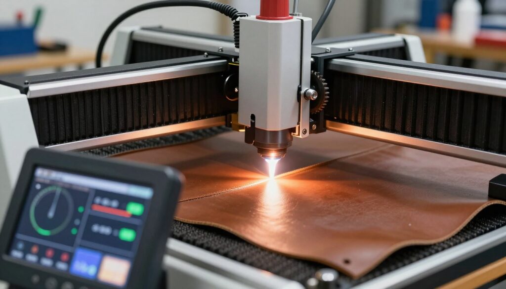 A detailed close-up image of a laser cutter in action, focused on cutting through a piece of brown leather. The laser beam is bright and focused, illuminating the edges of the leather with a warm glow as it effortlessly slices through. In the foreground, a precise digital interface displays power and speed settings, highlighted in vibrant colors. The middle of the scene showcases the laser cutter's intricate mechanics, with gears and panels reflecting industrial textures. The background is a soft blur of a workshop setting, with tools and materials arranged neatly, contributing to a professional atmosphere. The lighting is bright yet soft, creating an optimistic mood, and the angle is slightly above eye level, lending a dynamic perspective to the operation. No human figures are present, ensuring a clean and focused portrayal of the machine. A detailed close-up image of a laser cutter in action, focused on cutting through a piece of brown leather. The laser beam is bright and focused, illuminating the edges of the leather with a warm glow as it effortlessly slices through. In the foreground, a precise digital interface displays power and speed settings, highlighted in vibrant colors. The middle of the scene showcases the laser cutter's intricate mechanics, with gears and panels reflecting industrial textures. The background is a soft blur of a workshop setting, with tools and materials arranged neatly, contributing to a professional atmosphere. The lighting is bright yet soft, creating an optimistic mood, and the angle is slightly above eye level, lending a dynamic perspective to the operation. No human figures are present, ensuring a clean and focused portrayal of the machine.