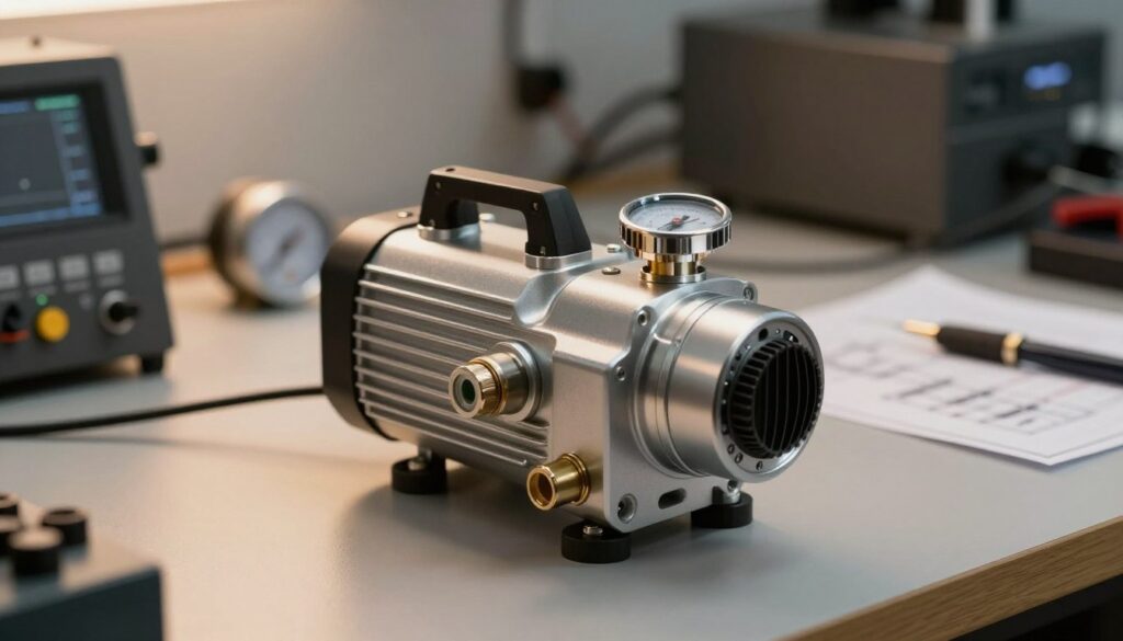 A detailed close-up of a high-performance air assist pump designed for diode laser upgrades, displayed on a solid workbench. The pump showcases sleek metal and mechanical components, with visible connectors and air pressure gauges, emphasizing its precision engineering. In the background, a workshop setting with blurred tools, laser equipment, and blueprints, creating an atmosphere of innovation and technical expertise. Warm, diffused lighting highlights the pump's features and gives a professional ambiance, while a shallow depth of field draws attention to the pump itself. No people should be present, ensuring the focus remains solely on the product and its context within a high-tech environment. A detailed close-up of a high-performance air assist pump designed for diode laser upgrades, displayed on a solid workbench. The pump showcases sleek metal and mechanical components, with visible connectors and air pressure gauges, emphasizing its precision engineering. In the background, a workshop setting with blurred tools, laser equipment, and blueprints, creating an atmosphere of innovation and technical expertise. Warm, diffused lighting highlights the pump's features and gives a professional ambiance, while a shallow depth of field draws attention to the pump itself. No people should be present, ensuring the focus remains solely on the product and its context within a high-tech environment.