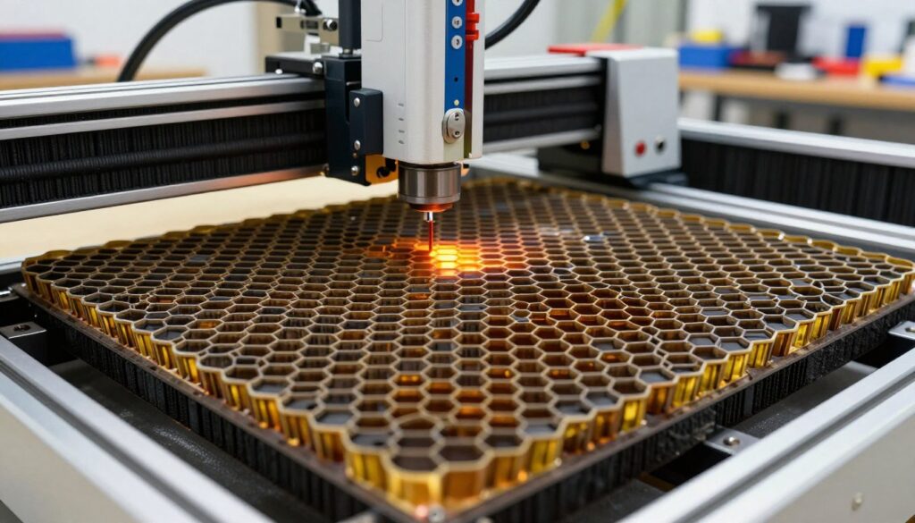 A detailed close-up of a honeycomb platform designed for a laser cutter, showcasing the intricate hexagonal patterns that maximize airflow and provide support for laser-cut materials. The foreground features the honeycomb structure prominently, with vibrant lighting that highlights its metallic and black finish. In the middle, a sleek diode laser cutter is positioned at an angle, focused on the platform, showcasing precision tools and settings. The background includes a well-lit workshop environment with organized tools and materials, allowing the viewer to perceive a professional atmosphere. Capture this scene with a shallow depth of field to emphasize the honeycomb design, creating a lively and focused mood. Bright, natural lighting enhances the overall clarity and showcases the craftsmanship of the honeycomb platform. A detailed close-up of a honeycomb platform designed for a laser cutter, showcasing the intricate hexagonal patterns that maximize airflow and provide support for laser-cut materials. The foreground features the honeycomb structure prominently, with vibrant lighting that highlights its metallic and black finish. In the middle, a sleek diode laser cutter is positioned at an angle, focused on the platform, showcasing precision tools and settings. The background includes a well-lit workshop environment with organized tools and materials, allowing the viewer to perceive a professional atmosphere. Capture this scene with a shallow depth of field to emphasize the honeycomb design, creating a lively and focused mood. Bright, natural lighting enhances the overall clarity and showcases the craftsmanship of the honeycomb platform.