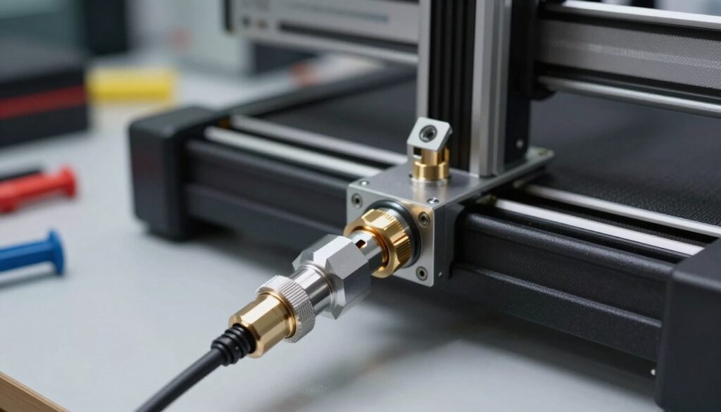 A detailed close-up of diode laser engraver air assist fittings, focusing on the intricate connections and components. In the foreground, showcase the air assist nozzle with clear visibility of its precision machined features, including the adjustable nozzle and tubing connections. The middle ground should display a diode laser engraver with the air assist system attached, emphasizing the integration between the fittings and the engraver body. The background can feature a workbench scattered with tools and materials used for setup, subtly lit to create a professional workshop atmosphere. Use soft, diffuse lighting that highlights the textures of the fittings and the engraver while casting gentle shadows. Capture the image from a slightly elevated angle to provide depth and perspective. Aim for a mood of technical precision and optimization.