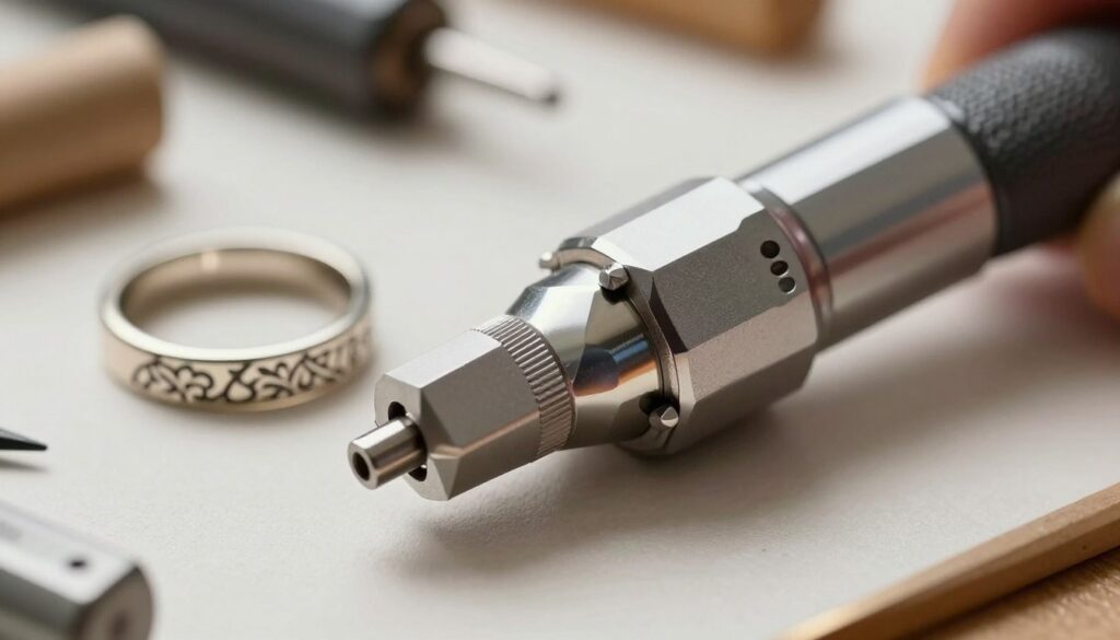 A detailed close-up of the best rotary chuck attachment for engraving rings, prominently displaying its innovative design. The foreground features the chuck attachment with a well-polished metallic finish and precision-engineered grip jaws, highlighting intricate details like grooves and clasps. In the middle ground, a beautifully engraved ring band is partially visible, showcasing a delicate floral pattern. Soft, diffused lighting casts gentle shadows, creating a professional, serene atmosphere. In the background, a blurred workbench with engraving tools and materials sets the context of an artist's workshop. The image should evoke a sense of craftsmanship and artistry, captured from a slight angle to enhance depth and focus on the rotary chuck's functionality. No text or logos present. A detailed close-up of the best rotary chuck attachment for engraving rings, prominently displaying its innovative design. The foreground features the chuck attachment with a well-polished metallic finish and precision-engineered grip jaws, highlighting intricate details like grooves and clasps. In the middle ground, a beautifully engraved ring band is partially visible, showcasing a delicate floral pattern. Soft, diffused lighting casts gentle shadows, creating a professional, serene atmosphere. In the background, a blurred workbench with engraving tools and materials sets the context of an artist's workshop. The image should evoke a sense of craftsmanship and artistry, captured from a slight angle to enhance depth and focus on the rotary chuck's functionality. No text or logos present.