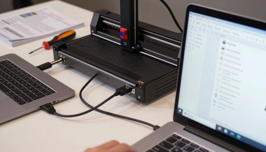 A detailed computer setup showcasing a troubleshooting session for fixing Lightburn's non-detection of a laser engraver over USB. In the foreground, a close-up of a computer screen displaying Lightburn's interface, with a focused mouse cursor hovering over device settings. The middle layer features a laptop with a USB cable connected to a sleek, modern laser engraver, highlighted to indicate connection issues. The background includes a neatly organized workbench with tools like screwdrivers and a user manual open to relevant sections. Soft, diffused lighting illuminates the scene, creating a focused, professional atmosphere. The angle is slightly above eye level, providing an informative perspective on the setup. Emphasize clarity and organization to reflect a problem-solving environment. A detailed computer setup showcasing a troubleshooting session for fixing Lightburn's non-detection of a laser engraver over USB. In the foreground, a close-up of a computer screen displaying Lightburn's interface, with a focused mouse cursor hovering over device settings. The middle layer features a laptop with a USB cable connected to a sleek, modern laser engraver, highlighted to indicate connection issues. The background includes a neatly organized workbench with tools like screwdrivers and a user manual open to relevant sections. Soft, diffused lighting illuminates the scene, creating a focused, professional atmosphere. The angle is slightly above eye level, providing an informative perspective on the setup. Emphasize clarity and organization to reflect a problem-solving environment.