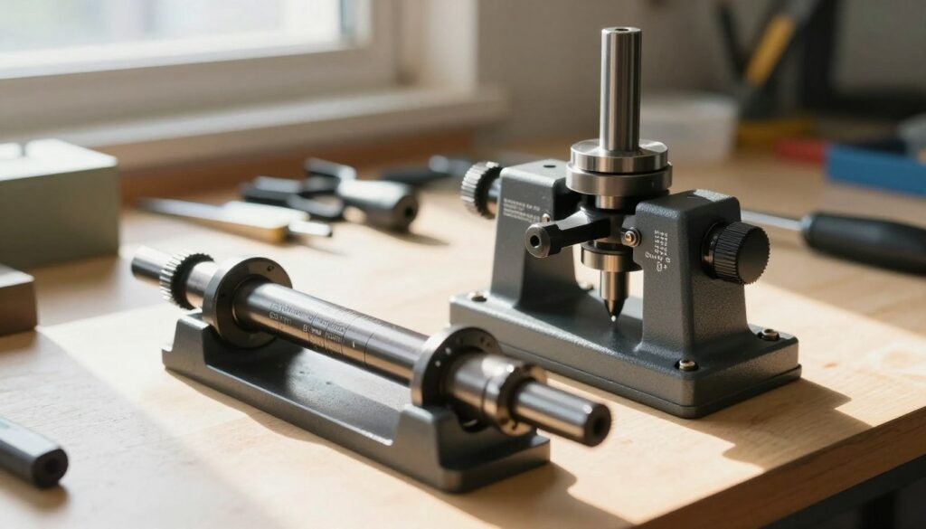 A detailed depiction of a roller axis and rotary attachment setup for engraving tumblers, showcasing both tools in a well-lit workshop environment. In the foreground, focus on the roller axis with clear specs labeled and highlighted, emphasizing alignment features and machinery details. The middle ground features the rotary attachment, positioned beside the roller axis, displaying its unique characteristics and adjustment knobs. In the background, an organized workbench holds additional engraving tools and materials, softly blurred to avoid distraction. Use natural sunlight streaming in from a nearby window, creating a focused highlight on the equipment. The atmosphere should convey a sense of precision and professionalism, ideal for troubleshooting alignment issues in engraving projects. A detailed depiction of a roller axis and rotary attachment setup for engraving tumblers, showcasing both tools in a well-lit workshop environment. In the foreground, focus on the roller axis with clear specs labeled and highlighted, emphasizing alignment features and machinery details. The middle ground features the rotary attachment, positioned beside the roller axis, displaying its unique characteristics and adjustment knobs. In the background, an organized workbench holds additional engraving tools and materials, softly blurred to avoid distraction. Use natural sunlight streaming in from a nearby window, creating a focused highlight on the equipment. The atmosphere should convey a sense of precision and professionalism, ideal for troubleshooting alignment issues in engraving projects.