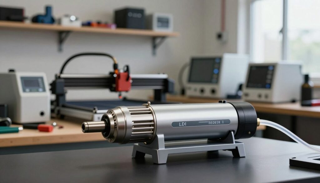 A detailed illustration of an air assist pump designed for a diode laser system, positioned prominently in the foreground with a focus on its sleek, modern design featuring metallic components and clear tubing. The middle ground showcases a well-lit workshop environment, filled with various laser cutting equipment and a workbench cluttered with tools, creating a DIY atmosphere. The background subtly depicts a wall of shelves stocked with related laser accessories and technology, bathed in natural light from a nearby window, enhancing the industrial feel. The overall mood is professional and technical, capturing the essence of innovation in laser technology, with a sense of precision and advancement illuminated through soft, focused lighting. A detailed illustration of an air assist pump designed for a diode laser system, positioned prominently in the foreground with a focus on its sleek, modern design featuring metallic components and clear tubing. The middle ground showcases a well-lit workshop environment, filled with various laser cutting equipment and a workbench cluttered with tools, creating a DIY atmosphere. The background subtly depicts a wall of shelves stocked with related laser accessories and technology, bathed in natural light from a nearby window, enhancing the industrial feel. The overall mood is professional and technical, capturing the essence of innovation in laser technology, with a sense of precision and advancement illuminated through soft, focused lighting.