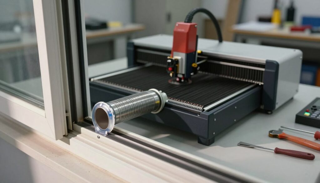 A detailed image depicting a laser engraving machine's window exhaust system in a workshop setting. In the foreground, show a well-designed exhaust tube fitted securely in a partially opened window, with clear airtight seals to ensure no air leakage. The middle ground features the laser engraver itself, prominently showcasing its intricate components and controls. The background includes an assortment of tools and a clean, organized workspace to create an industrial atmosphere. Soft, natural light filters in through the window, casting gentle shadows that add depth to the scene. The overall mood should be professional and informative, reflecting a step-by-step guide to effective window sealing techniques. The angle should be slightly tilted to capture both the machine and the exhaust system from a dynamic perspective. A detailed image depicting a laser engraving machine's window exhaust system in a workshop setting. In the foreground, show a well-designed exhaust tube fitted securely in a partially opened window, with clear airtight seals to ensure no air leakage. The middle ground features the laser engraver itself, prominently showcasing its intricate components and controls. The background includes an assortment of tools and a clean, organized workspace to create an industrial atmosphere. Soft, natural light filters in through the window, casting gentle shadows that add depth to the scene. The overall mood should be professional and informative, reflecting a step-by-step guide to effective window sealing techniques. The angle should be slightly tilted to capture both the machine and the exhaust system from a dynamic perspective.