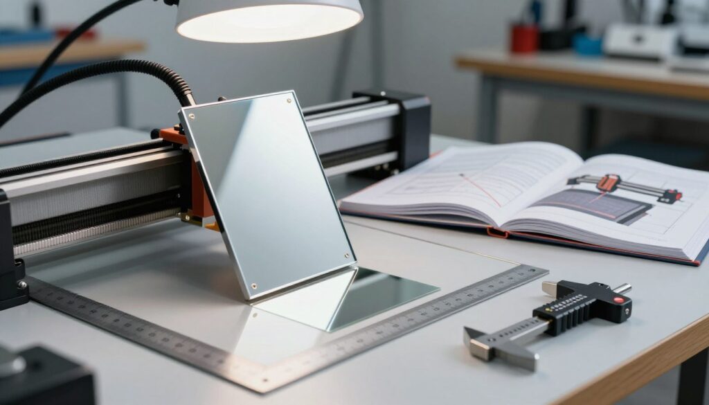 A detailed image of a laser engraver mirror alignment guide on a workshop table. In the foreground, show a well-lit, polished metal mirror tilted slightly for calibration inspection, with clear reflection visible. Include a precision ruler and a set of calibration tools placed carefully beside the mirror, emphasizing their professional quality. In the middle ground, depict an open workbook with diagrams illustrating laser paths, with one page showing a laser engraver setup. The background should feature a clean workshop environment with shelves of tools and a bright overhead light, casting soft shadows for a professional atmosphere. The image should convey a sense of focus and clarity, suggesting a meticulous approach to aligning laser engraver lines.