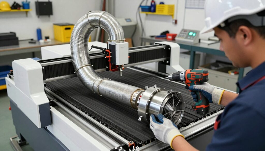 A detailed, step-by-step installation guide for a laser exhaust system, presented as an instructional visual. In the foreground, a professional wearing a safety helmet and gloves is carefully installing an inline exhaust fan, using tools like a drill and screwdrivers. The middle ground showcases a laser cutting machine with connected exhaust ductwork, illustrating various installation components such as brackets, clamps, and a control panel. The background features a well-lit workshop with metalwork surfaces and safety equipment hanging on the walls. The atmosphere is focused and industrious, with soft lighting highlighting the precision of the installation process. Capture this scene from a slightly elevated angle to provide a comprehensive view of all elements involved in the installation.