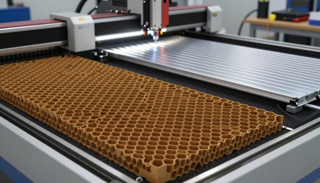A detailed view of a CO2 laser cutting workspace featuring two types of cutting beds: one with a honeycomb structure and the other with aluminum slats. In the foreground, showcase a beautifully arranged honeycomb bed, its intricate geometric patterns highlighted by soft lighting to emphasize its depth and texture. In the middle ground, contrast this with an aluminum slat bed, reflecting a sleek finish, illuminated by overhead LED lights that create a professional atmosphere. The background should feature typical workshop elements, such as laser cutting machines and crafting tools, slightly blurred to keep the focus on the cutting beds. The overall scene should convey a sense of precision and professionalism, depicting an organized environment suitable for detailed projects. A detailed view of a CO2 laser cutting workspace featuring two types of cutting beds: one with a honeycomb structure and the other with aluminum slats. In the foreground, showcase a beautifully arranged honeycomb bed, its intricate geometric patterns highlighted by soft lighting to emphasize its depth and texture. In the middle ground, contrast this with an aluminum slat bed, reflecting a sleek finish, illuminated by overhead LED lights that create a professional atmosphere. The background should feature typical workshop elements, such as laser cutting machines and crafting tools, slightly blurred to keep the focus on the cutting beds. The overall scene should convey a sense of precision and professionalism, depicting an organized environment suitable for detailed projects.