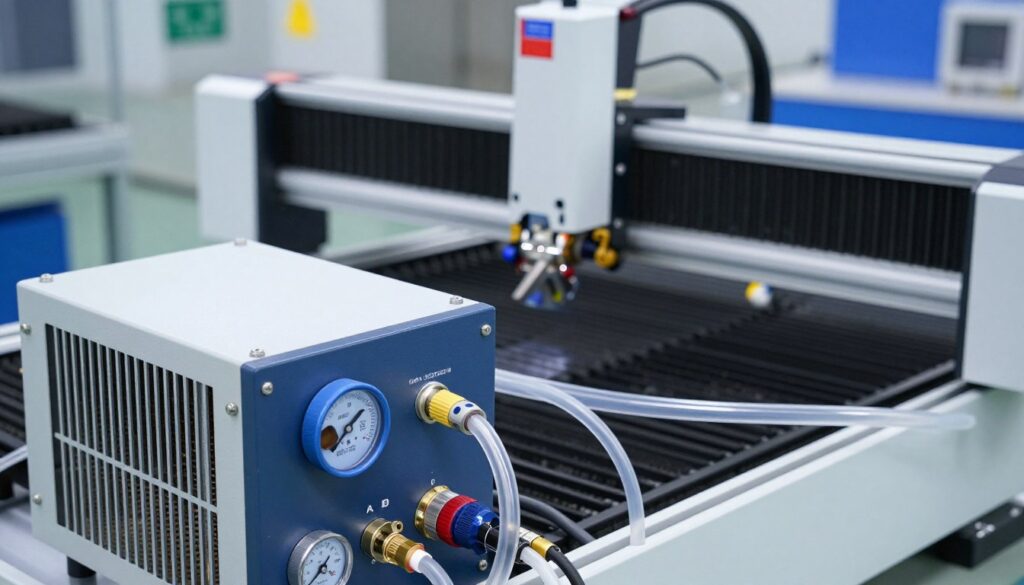 A detailed view of a laser cutter cooling solution setup, prominently featuring a water chiller specifically designed for a forty-watt CO2 laser. In the foreground, showcase the chiller unit with clear tubing, water flow indicators, and pressure gauges, reflecting its functionality. In the middle ground, include a laser cutter machine with a visible CO2 laser tube, highlighting the connection to the cooling system. The background should be an industrial workshop environment with soft, diffused lighting, enhancing the technical ambiance. Capture the image from a slightly elevated angle to provide depth, focusing on the intricacies of the cooling system. The mood should convey professionalism and efficiency, emphasizing the importance of effective cooling without distractions or overlay elements. A detailed view of a laser cutter cooling solution setup, prominently featuring a water chiller specifically designed for a forty-watt CO2 laser. In the foreground, showcase the chiller unit with clear tubing, water flow indicators, and pressure gauges, reflecting its functionality. In the middle ground, include a laser cutter machine with a visible CO2 laser tube, highlighting the connection to the cooling system. The background should be an industrial workshop environment with soft, diffused lighting, enhancing the technical ambiance. Capture the image from a slightly elevated angle to provide depth, focusing on the intricacies of the cooling system. The mood should convey professionalism and efficiency, emphasizing the importance of effective cooling without distractions or overlay elements.