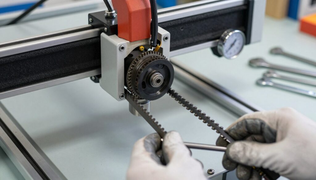 A detailed view of a laser engraver's X-axis mechanism, showcasing the belt tension adjustment and pulley alignment. In the foreground, there is a close-up of hands wearing safety gloves, holding a tensioning tool on the tension belt, with a focus on the belt’s teeth and pulleys. The middle ground features an adjustable pulley system, clearly visible gears, and a tension gauge, with subtle details reflecting wear and adjustment marks. The background should have a clean workspace with tools like wrenches and Allen keys neatly arranged. Soft, even lighting highlights the metal surfaces, creating a professional workshop atmosphere. The scene evokes a sense of precision and technical care, suitable for troubleshooting industrial machinery. A detailed view of a laser engraver's X-axis mechanism, showcasing the belt tension adjustment and pulley alignment. In the foreground, there is a close-up of hands wearing safety gloves, holding a tensioning tool on the tension belt, with a focus on the belt’s teeth and pulleys. The middle ground features an adjustable pulley system, clearly visible gears, and a tension gauge, with subtle details reflecting wear and adjustment marks. The background should have a clean workspace with tools like wrenches and Allen keys neatly arranged. Soft, even lighting highlights the metal surfaces, creating a professional workshop atmosphere. The scene evokes a sense of precision and technical care, suitable for troubleshooting industrial machinery.