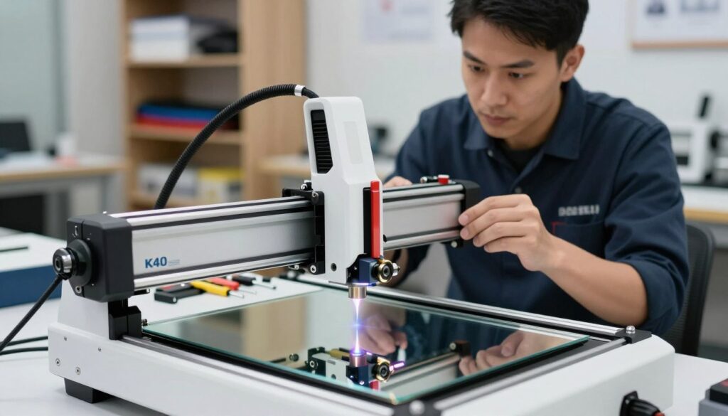 A detailed workshop scene focused on the process of mirror calibration for a K40 CO2 engraving machine. In the foreground, a well-lit workspace features the K40 machine with a close-up view of the third mirror securely mounted in its holder. Tools like a small screwdriver and alignment tools are neatly arranged beside the machine. In the middle ground, an expert, dressed in professional attire, carefully adjusts the laser head, ensuring precise alignment with focused attention. The background shows shelves with laser engraving materials and equipment in soft focus, creating a sense of depth. The lighting is bright, emphasizing the metallic surfaces and reflecting the intricate details for a technical and professional atmosphere. The image captures a moment of concentration, highlighting the meticulous nature of the alignment process. A detailed workshop scene focused on the process of mirror calibration for a K40 CO2 engraving machine. In the foreground, a well-lit workspace features the K40 machine with a close-up view of the third mirror securely mounted in its holder. Tools like a small screwdriver and alignment tools are neatly arranged beside the machine. In the middle ground, an expert, dressed in professional attire, carefully adjusts the laser head, ensuring precise alignment with focused attention. The background shows shelves with laser engraving materials and equipment in soft focus, creating a sense of depth. The lighting is bright, emphasizing the metallic surfaces and reflecting the intricate details for a technical and professional atmosphere. The image captures a moment of concentration, highlighting the meticulous nature of the alignment process.
