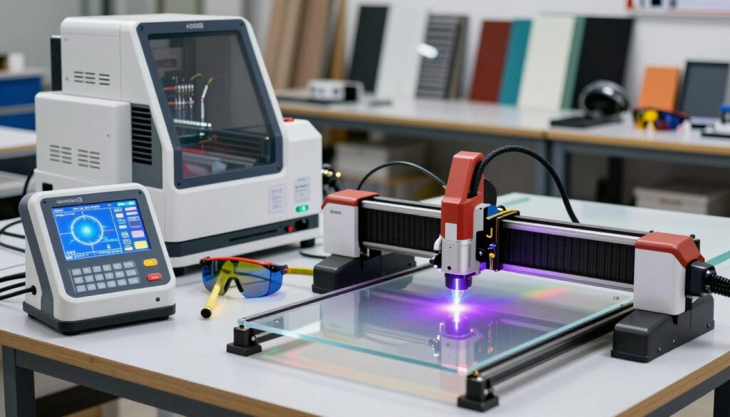 A detailed workspace displaying various laser cutting options for acrylic fabrication. In the foreground, a sleek diode laser cutter with an illuminated control panel, showcasing a vibrant glowing beam cutting through a clear acrylic panel. To the side, a CO2 laser cutting machine, featuring intricate details like cooling vents and safety screens. The middle section reveals a well-organized layout with tools, safety goggles, and protective equipment. The background features a soft-focus view of a workshop filled with acrylic sheets in various colors and thicknesses. The lighting is bright and focused, accentuating the precision of the laser beams, creating a professional and safe atmosphere for acrylic fabrication. A detailed workspace displaying various laser cutting options for acrylic fabrication. In the foreground, a sleek diode laser cutter with an illuminated control panel, showcasing a vibrant glowing beam cutting through a clear acrylic panel. To the side, a CO2 laser cutting machine, featuring intricate details like cooling vents and safety screens. The middle section reveals a well-organized layout with tools, safety goggles, and protective equipment. The background features a soft-focus view of a workshop filled with acrylic sheets in various colors and thicknesses. The lighting is bright and focused, accentuating the precision of the laser beams, creating a professional and safe atmosphere for acrylic fabrication.