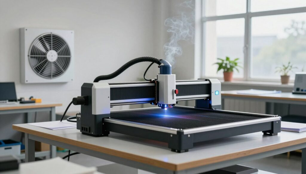 A detailed workspace for laser cutting, featuring a sleek laser cutter emitting a faint blue glow. In the foreground, showcase an inline exhaust fan mounted on the wall, with visible airflow indicators and ducts directing away smoke. The middle layer includes a clean, organized workbench with laser-cut materials scattered around, emphasizing precision. The background portrays a well-lit workshop with large windows letting in natural light and a few houseplants for a touch of warmth. The overall atmosphere is technical yet inviting, highlighting the importance of air quality and exhaust systems in a safe cutting environment. The image should be captured with a wide-angle lens and diffuse lighting, creating a professional and focused mood without clutter.