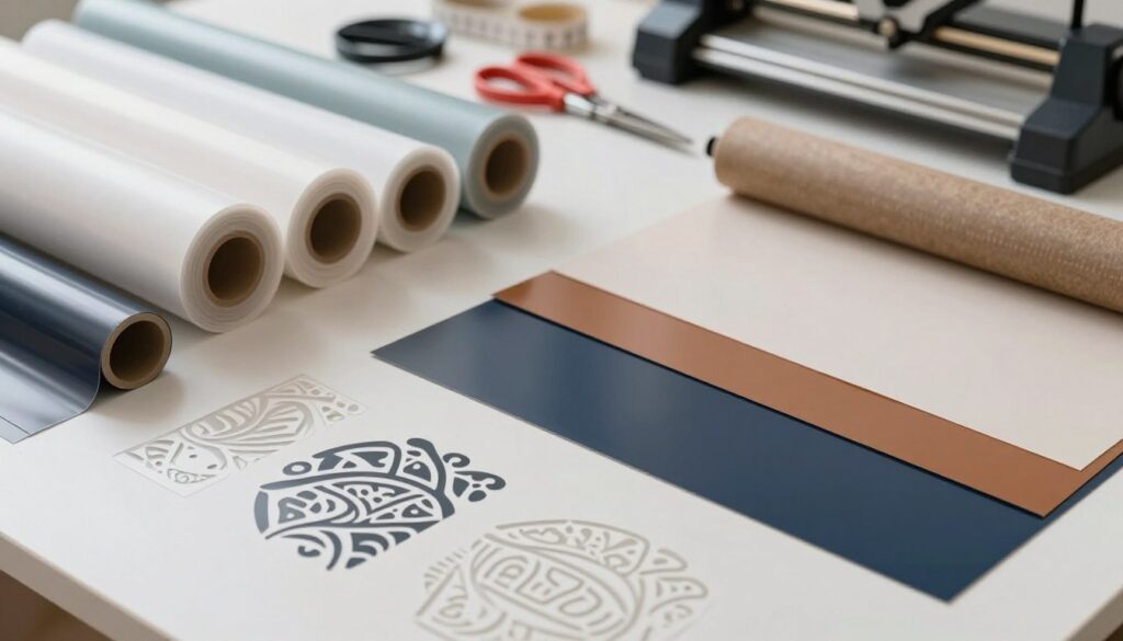 A flat lay composition of various high-quality permanent vinyl sheets designed for laser stencil masking, showcasing a range of colors and textures including matte and glossy finishes. In the foreground, focus on a few freshly cut stencils ready for use, displaying intricate designs to illustrate precision. In the middle ground, include rolls or sheets of vinyl neatly stacked or spread out, emphasizing their durability and flexibility. In the background, softly blurred crafting tools such as scissors, a cutting machine, and a measuring tape can be seen, suggesting an organized workspace. Use soft, diffused lighting to create a professional and inviting atmosphere, enhancing the colors of the vinyl while maintaining a clear focus on the materials. Capture the scene from a slight overhead angle to provide a comprehensive view of the selection process. A flat lay composition of various high-quality permanent vinyl sheets designed for laser stencil masking, showcasing a range of colors and textures including matte and glossy finishes. In the foreground, focus on a few freshly cut stencils ready for use, displaying intricate designs to illustrate precision. In the middle ground, include rolls or sheets of vinyl neatly stacked or spread out, emphasizing their durability and flexibility. In the background, softly blurred crafting tools such as scissors, a cutting machine, and a measuring tape can be seen, suggesting an organized workspace. Use soft, diffused lighting to create a professional and inviting atmosphere, enhancing the colors of the vinyl while maintaining a clear focus on the materials. Capture the scene from a slight overhead angle to provide a comprehensive view of the selection process.