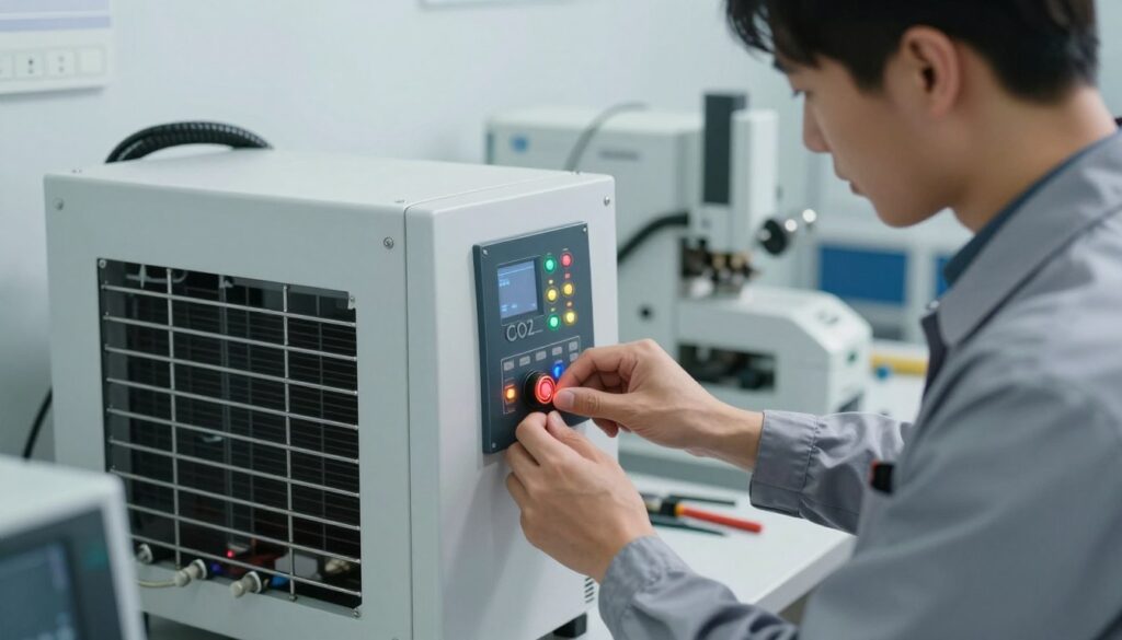 A focused depiction of a technician in a professional business attire, carefully resetting the alarm on a CO2 laser chiller unit. The foreground shows the technician's hands adjusting the reset button on the chiller's control panel, with visible LED indicators glowing. In the middle, the sleek and modern design of the CO2 laser chiller stands out, showcasing its metal casing and cooling pipes. The background is a well-lit workshop environment, dotted with tools and equipment relevant to laser technology. Soft, diffused lighting casts gentle shadows, creating a calm and methodical atmosphere, conveying precision and expertise. The camera angle is slightly tilted to emphasize the action, while maintaining clarity in details. A focused depiction of a technician in a professional business attire, carefully resetting the alarm on a CO2 laser chiller unit. The foreground shows the technician's hands adjusting the reset button on the chiller's control panel, with visible LED indicators glowing. In the middle, the sleek and modern design of the CO2 laser chiller stands out, showcasing its metal casing and cooling pipes. The background is a well-lit workshop environment, dotted with tools and equipment relevant to laser technology. Soft, diffused lighting casts gentle shadows, creating a calm and methodical atmosphere, conveying precision and expertise. The camera angle is slightly tilted to emphasize the action, while maintaining clarity in details.