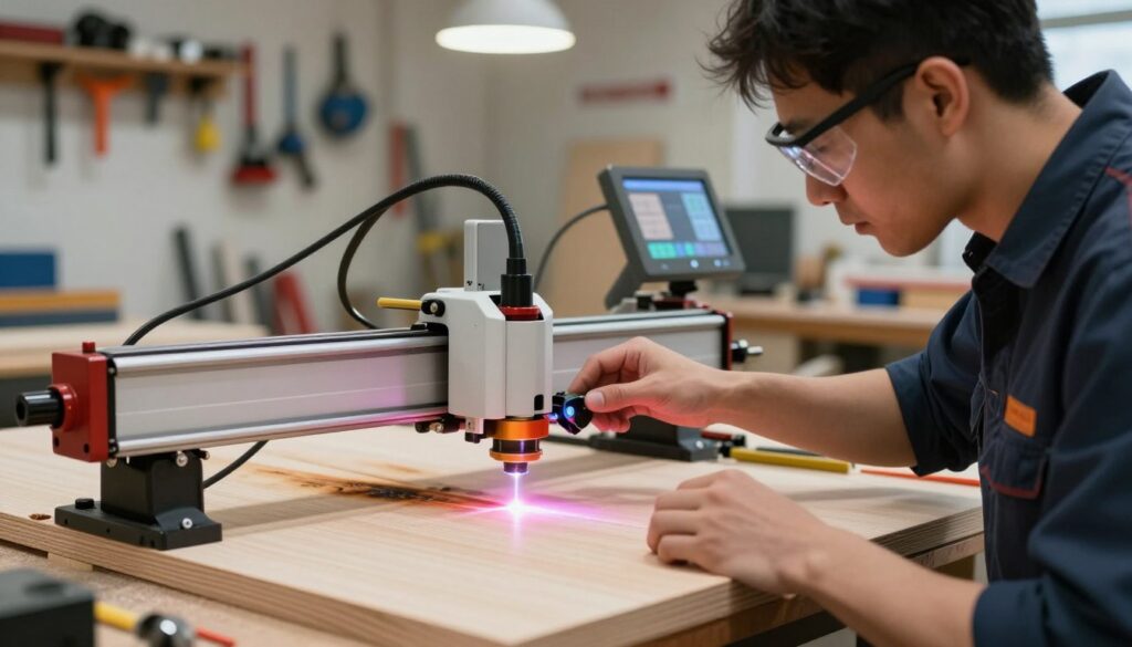 A focused scene of a technician in a well-lit workshop, adjusting a diode laser machine aimed at a piece of lighter wood. The technician, wearing a professional shirt and safety goggles, is intently examining the laser's settings. The foreground features the laser beam, sharply visible as it prepares to make precise adjustments. The middle ground showcases the wood with slight burn marks, indicating the effect of the previous settings, while tools and adjustable air assist components are neatly arranged around the laser. In the background, a detailed wall of various woodworking tools and a soft glow from overhead lights enhance the technical atmosphere. The mood is one of concentration and professionalism, emphasizing the importance of precision in adjusting the diode laser for optimal performance. A focused scene of a technician in a well-lit workshop, adjusting a diode laser machine aimed at a piece of lighter wood. The technician, wearing a professional shirt and safety goggles, is intently examining the laser's settings. The foreground features the laser beam, sharply visible as it prepares to make precise adjustments. The middle ground showcases the wood with slight burn marks, indicating the effect of the previous settings, while tools and adjustable air assist components are neatly arranged around the laser. In the background, a detailed wall of various woodworking tools and a soft glow from overhead lights enhance the technical atmosphere. The mood is one of concentration and professionalism, emphasizing the importance of precision in adjusting the diode laser for optimal performance.